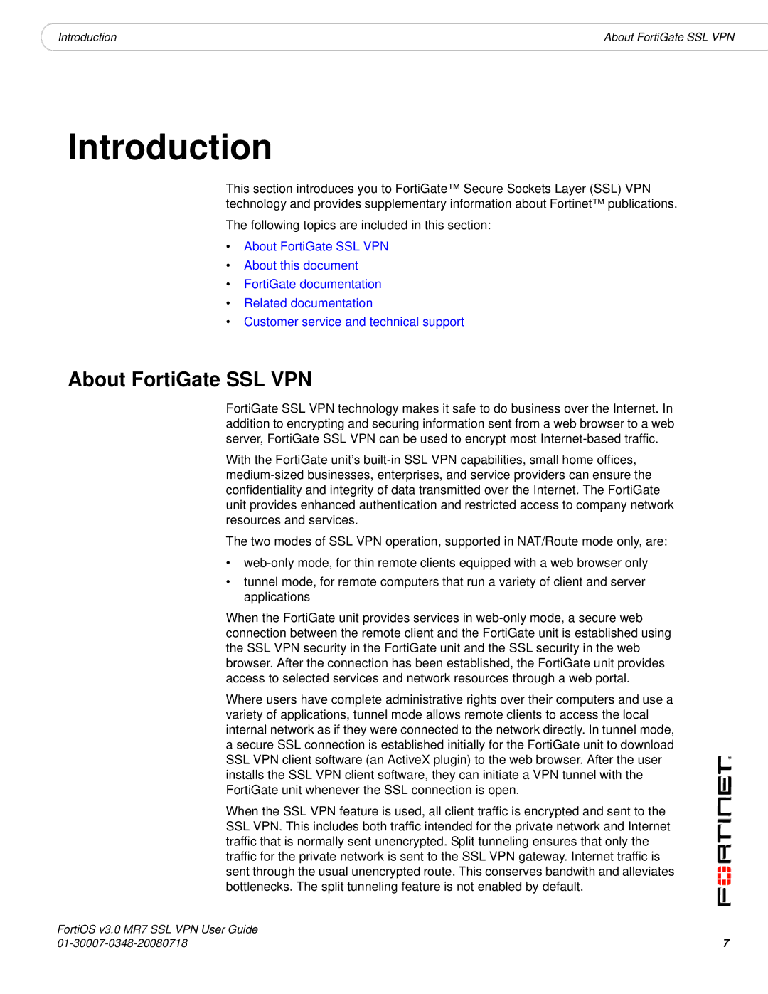 Fortinet FORTIOS V3.0 MR7 manual Introduction, About FortiGate SSL VPN 