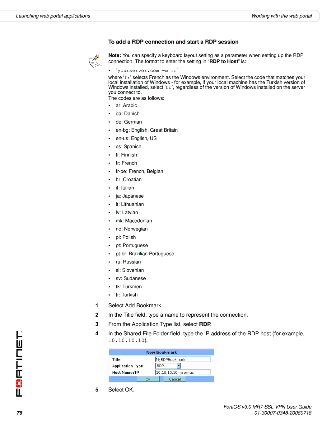 Fortinet FORTIOS V3.0 MR7 manual To add a RDP connection and start a RDP session 