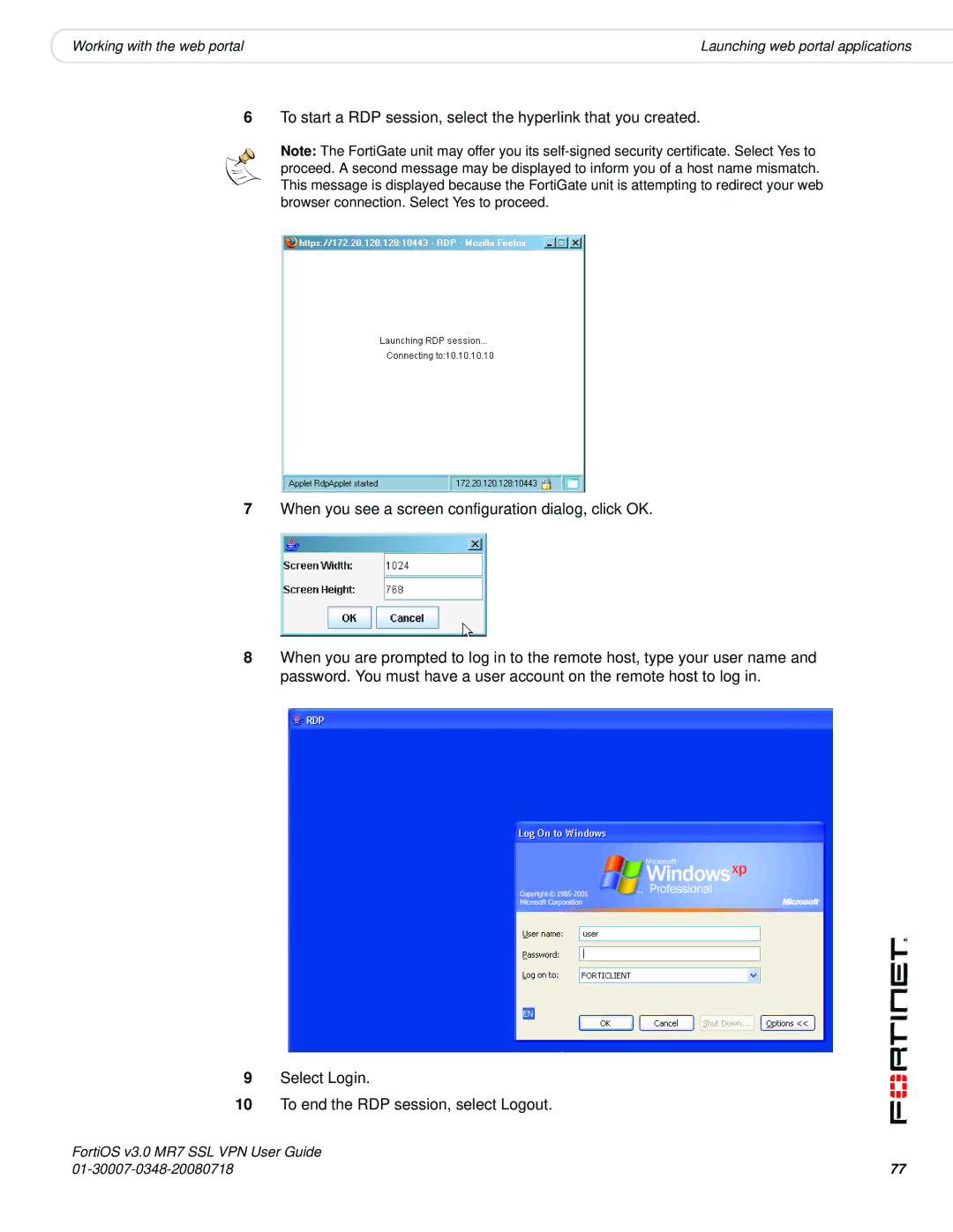 Fortinet FORTIOS V3.0 MR7 manual Working with the web portal 