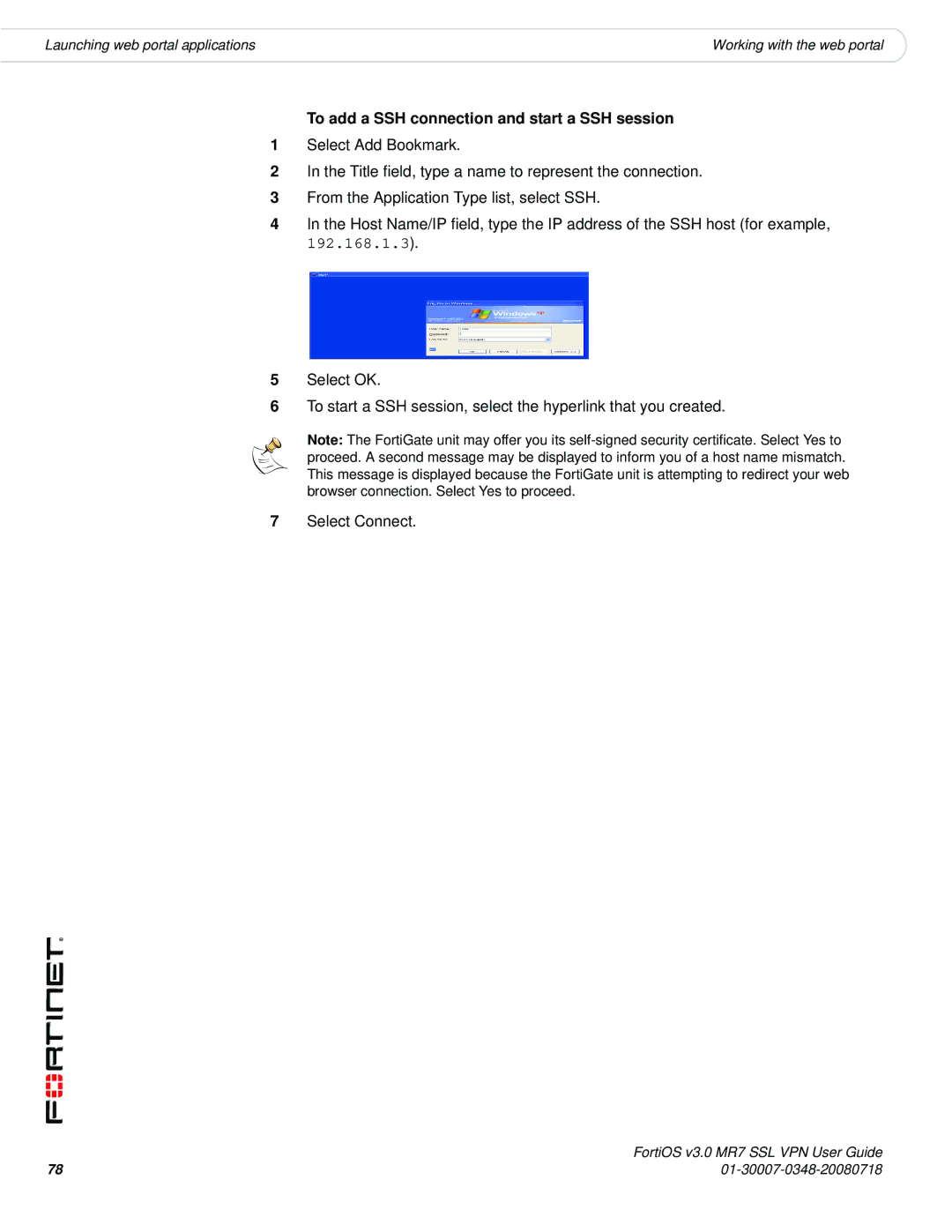 Fortinet FORTIOS V3.0 MR7 manual To add a SSH connection and start a SSH session, 192.168.1.3 