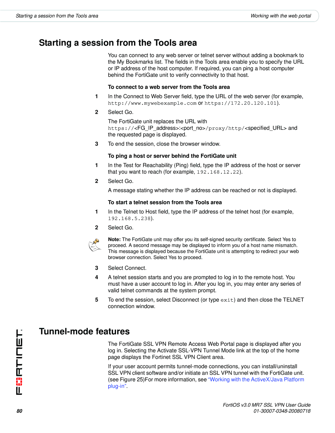 Fortinet FORTIOS V3.0 MR7 manual Starting a session from the Tools area, Tunnel-mode features 