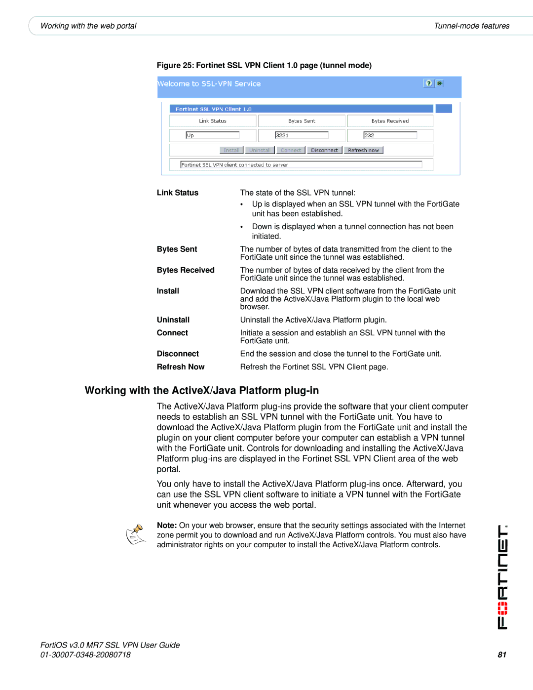 Fortinet FORTIOS V3.0 MR7 manual Working with the ActiveX/Java Platform plug-in 