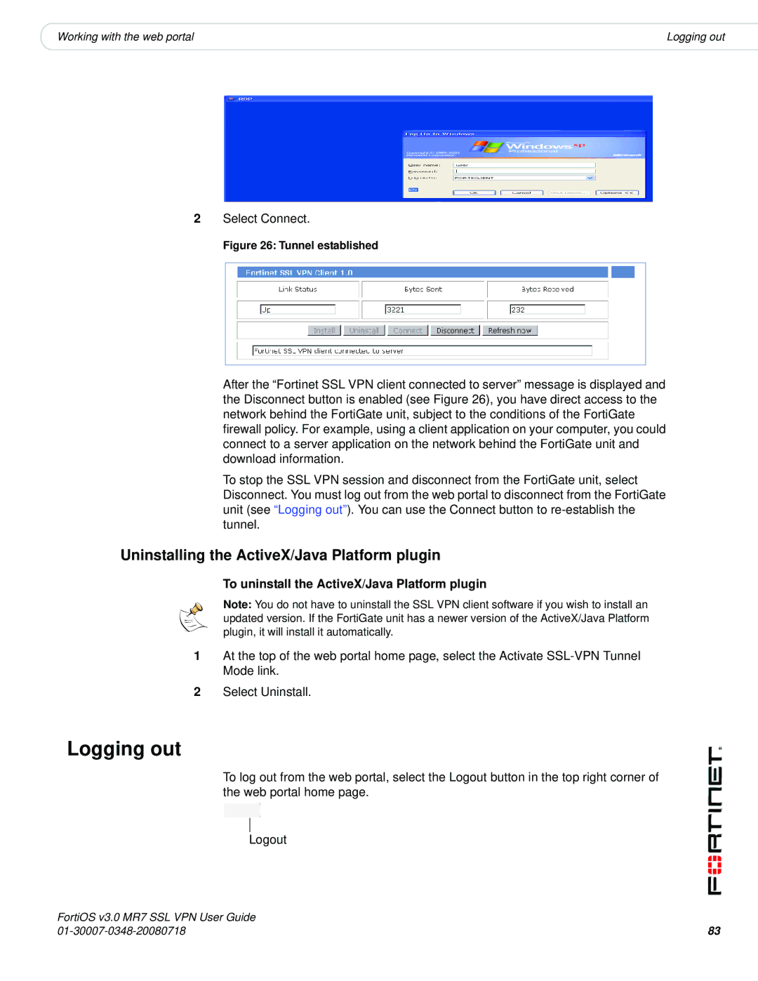 Fortinet FORTIOS V3.0 MR7 manual Logging out, Uninstalling the ActiveX/Java Platform plugin 