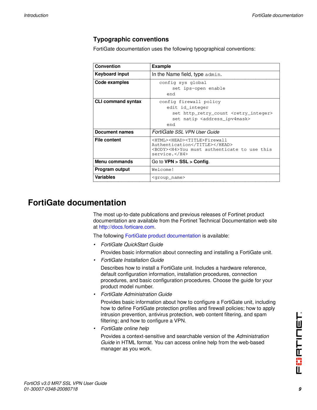 Fortinet FORTIOS V3.0 MR7 manual FortiGate documentation, Typographic conventions 