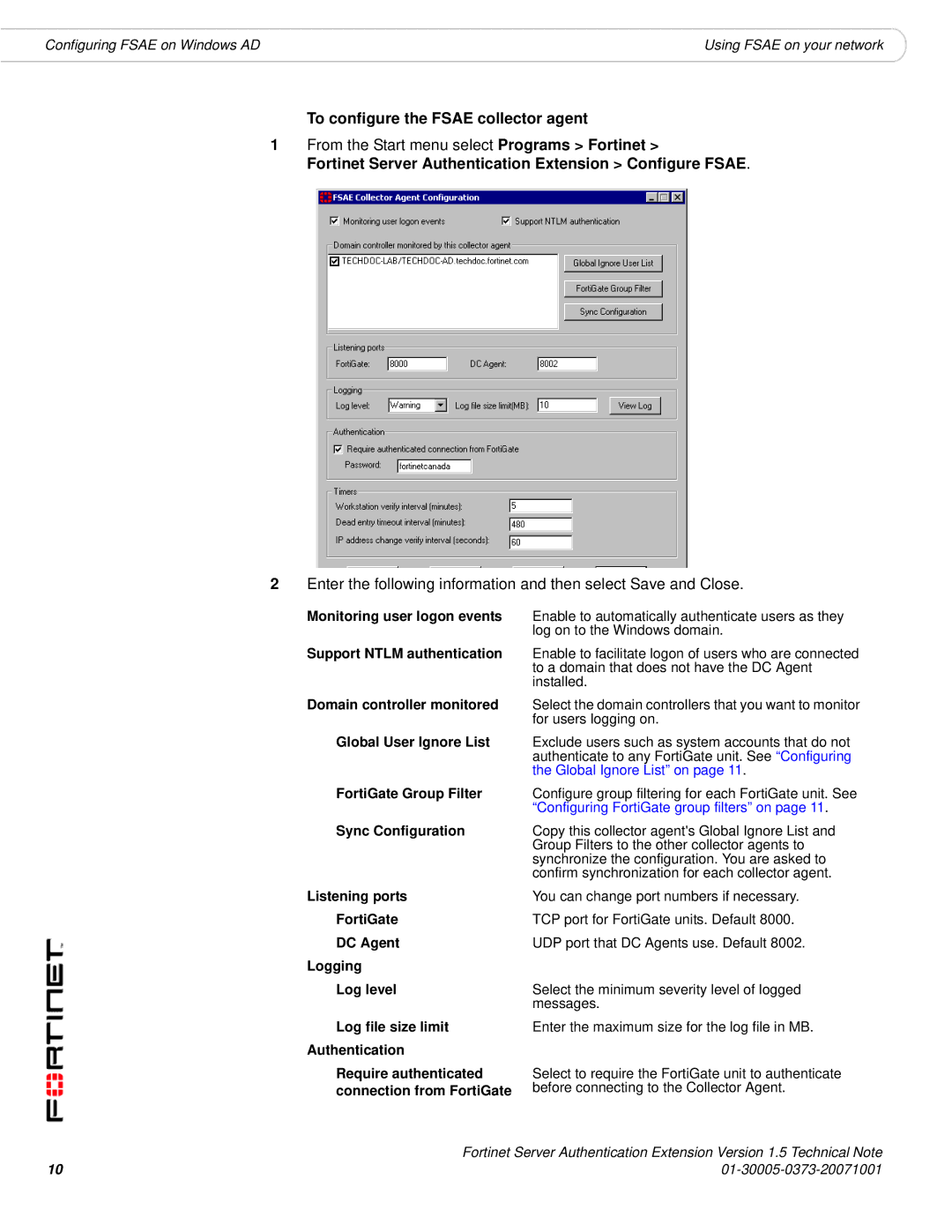 Fortinet FSAE manual To configure the Fsae collector agent, Fortinet Server Authentication Extension Configure Fsae 