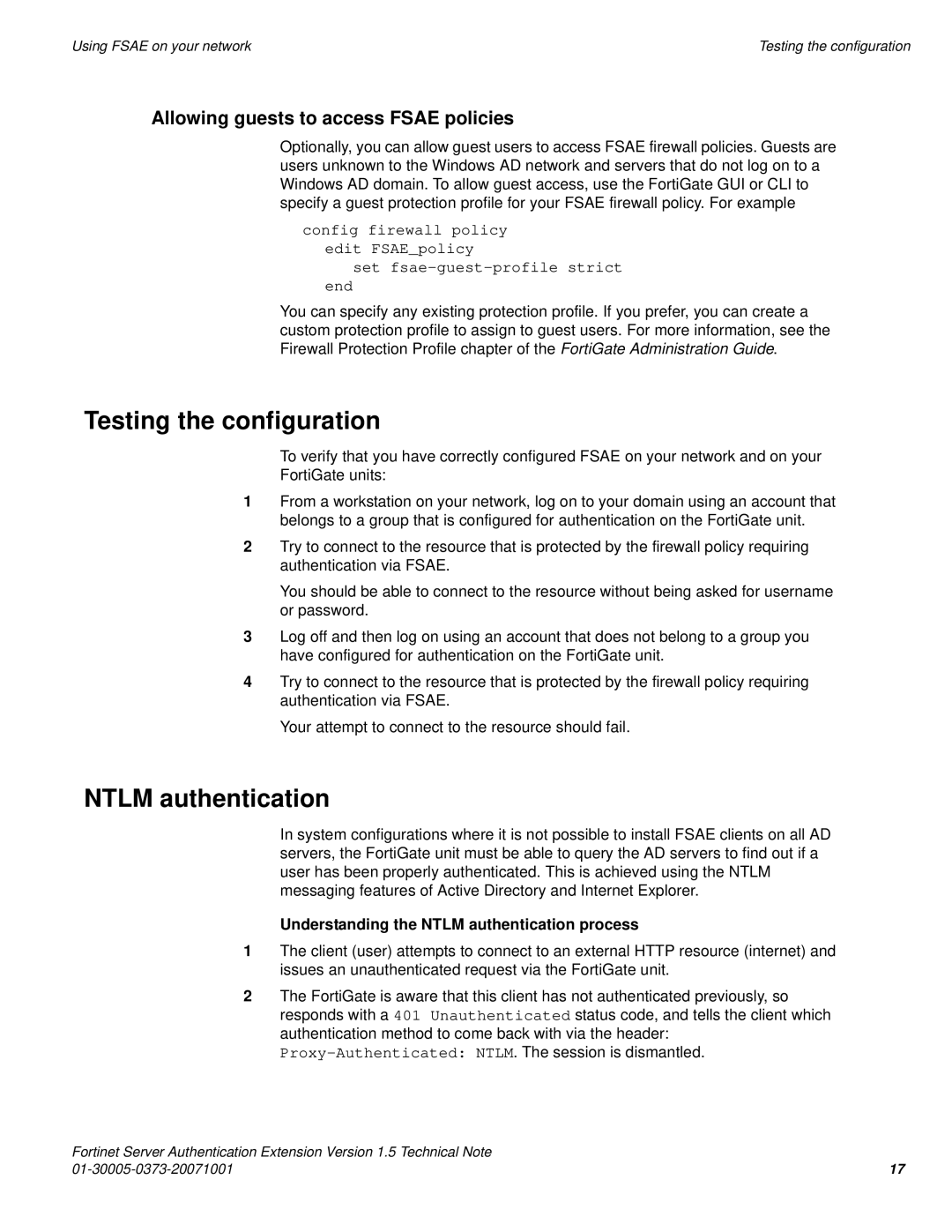 Fortinet FSAE manual Testing the configuration, Ntlm authentication, Allowing guests to access Fsae policies 