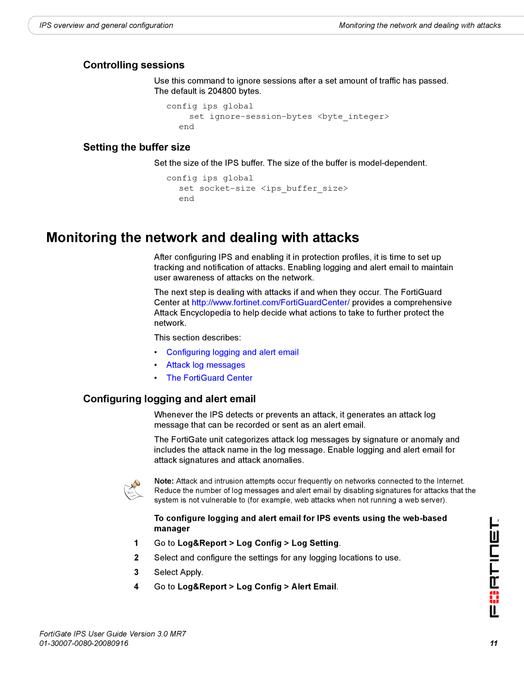 Fortinet IPS manual Monitoring the network and dealing with attacks, Controlling sessions, Setting the buffer size 