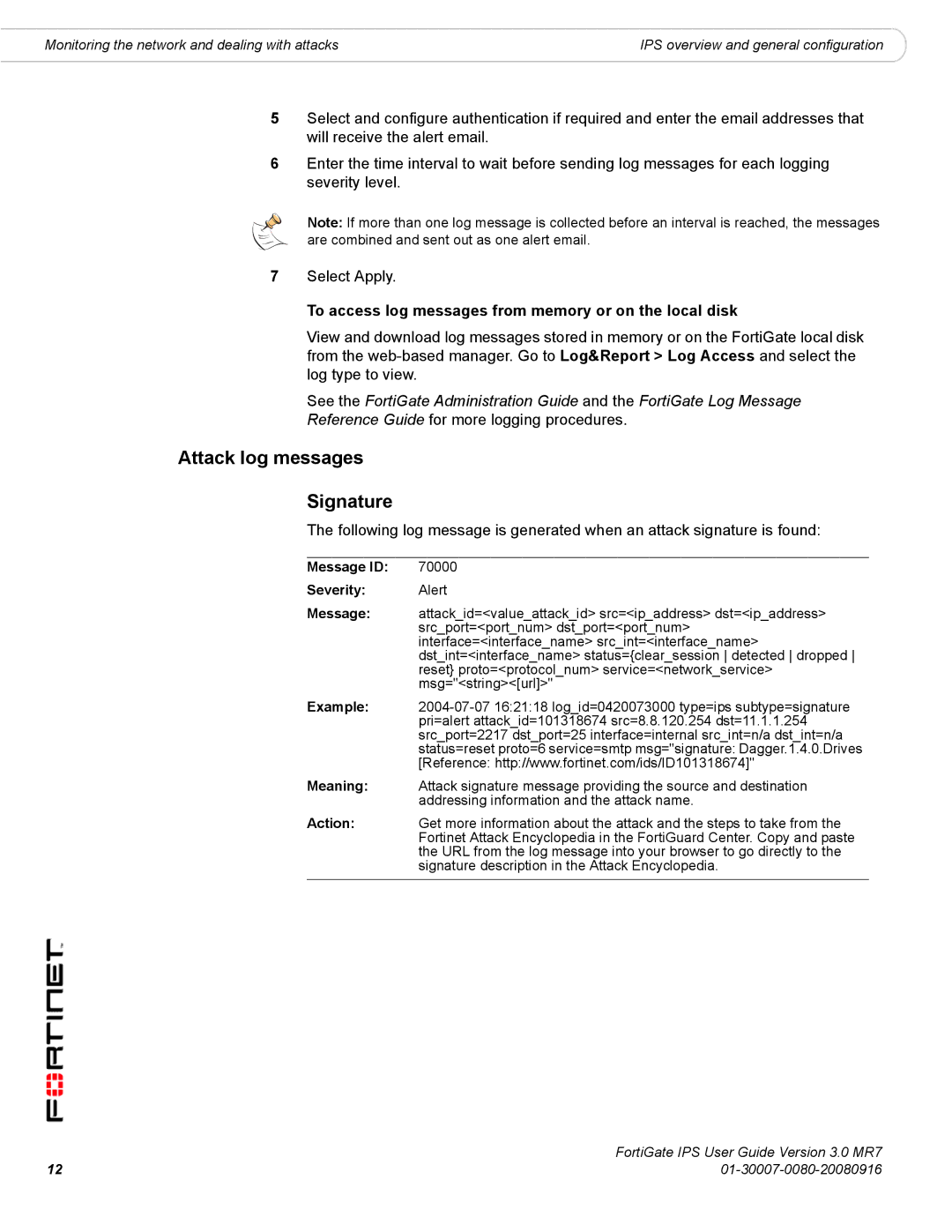 Fortinet IPS manual Attack log messages Signature 