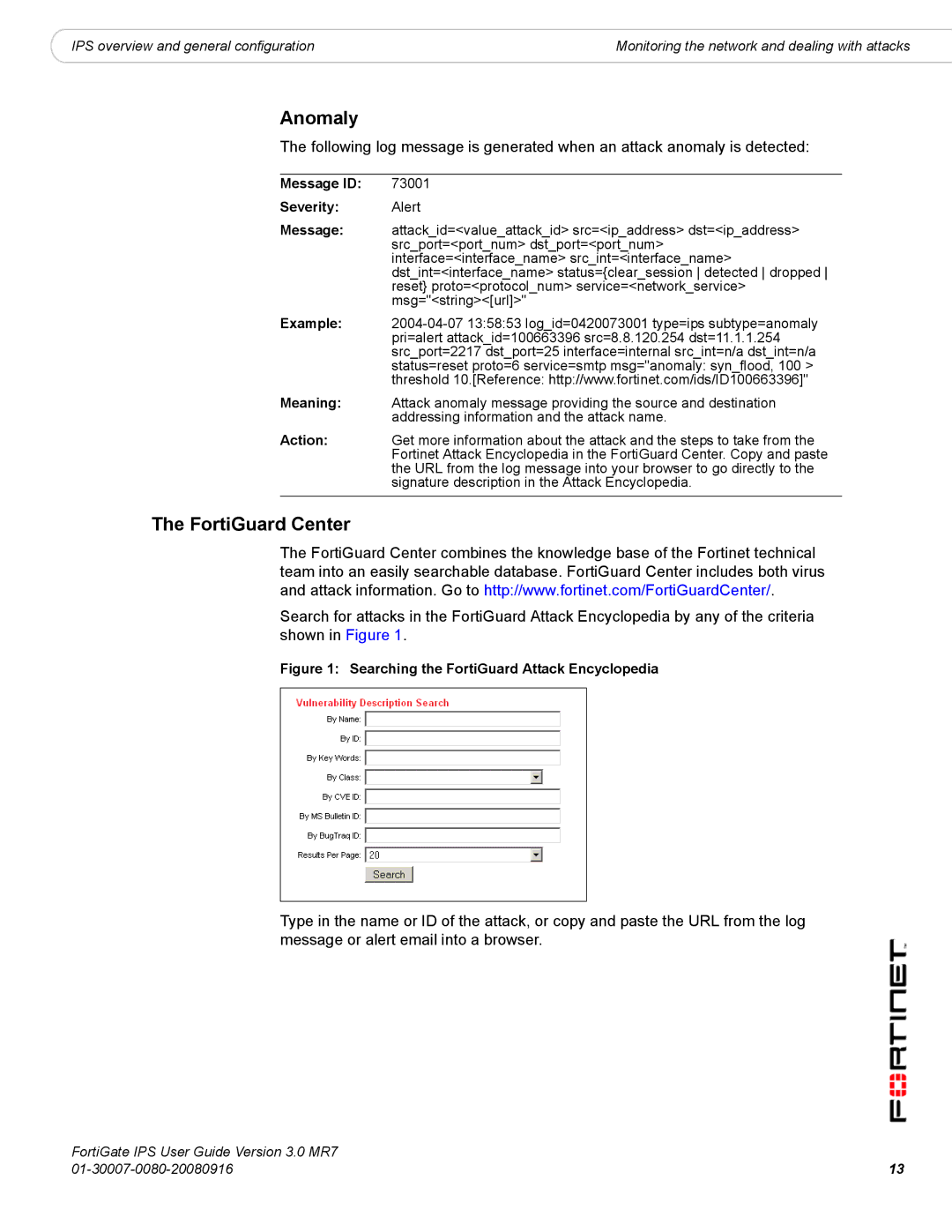 Fortinet IPS manual Anomaly, FortiGuard Center 