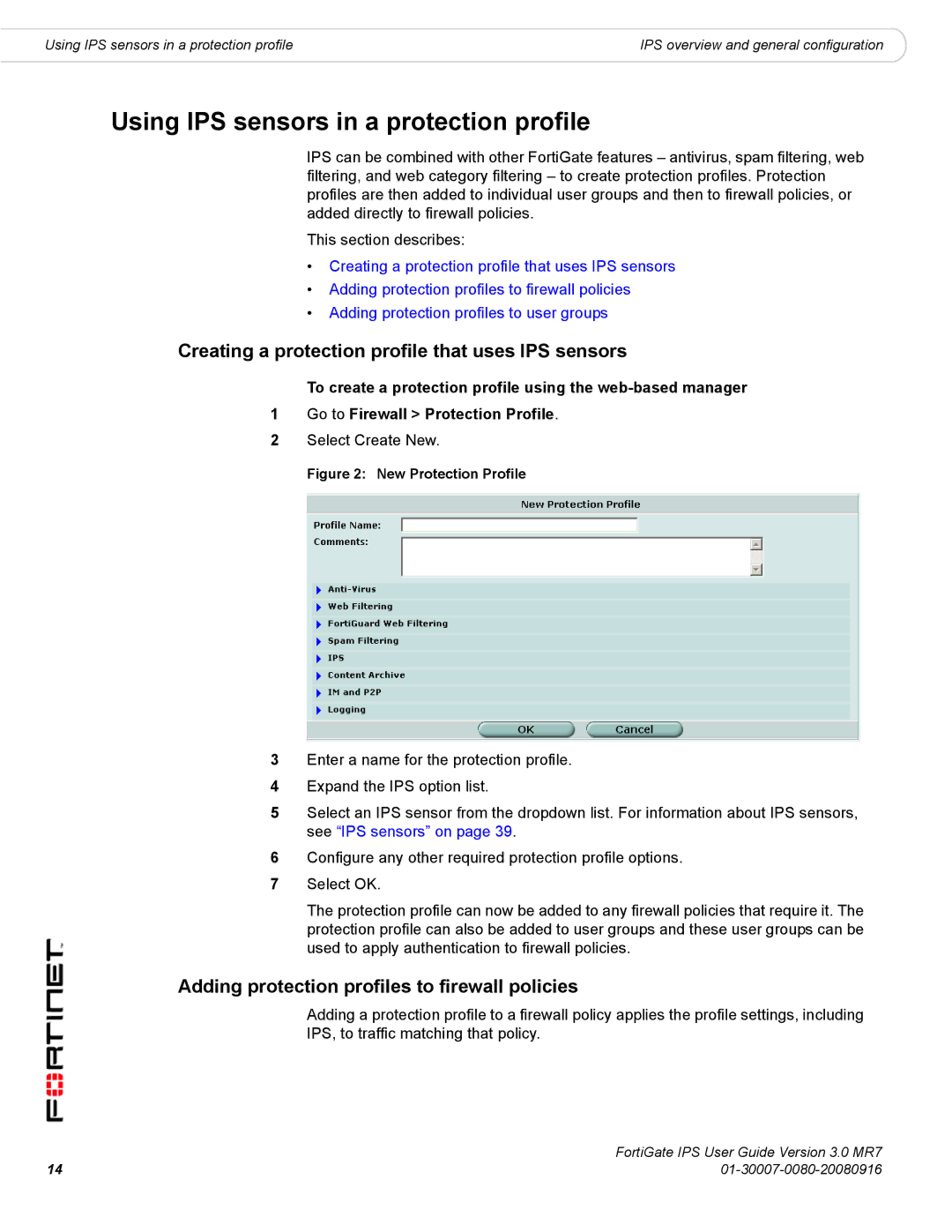 Fortinet manual Using IPS sensors in a protection profile, Creating a protection profile that uses IPS sensors 