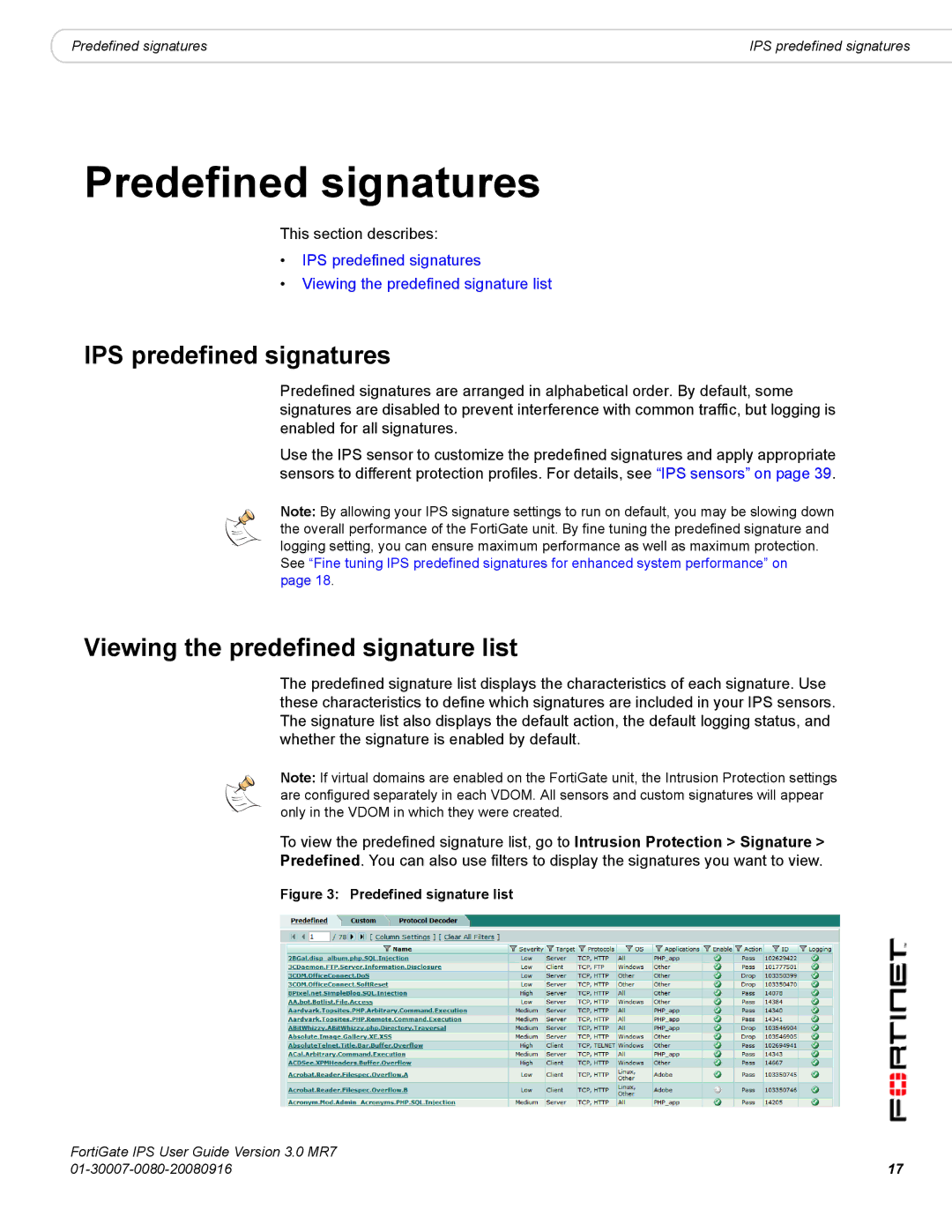 Fortinet manual Predefined signatures, IPS predefined signatures, Viewing the predefined signature list 