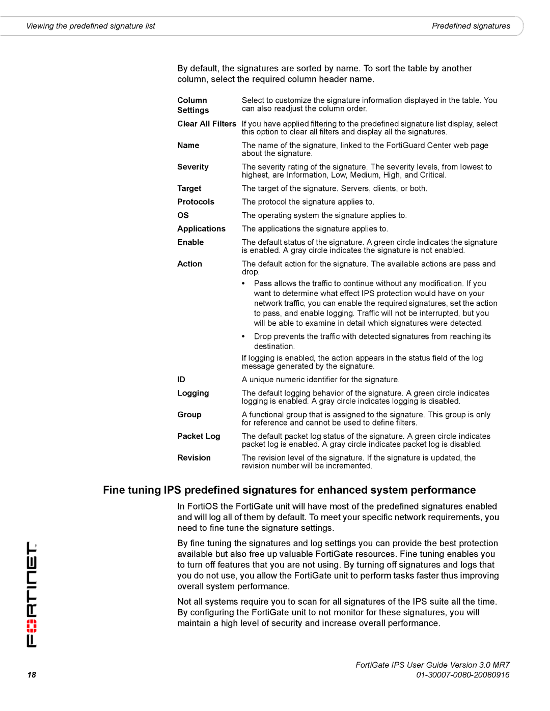 Fortinet IPS Column, Settings, Clear All Filters, Name, Target, Protocols, Applications, Enable, Logging, Group, Revision 