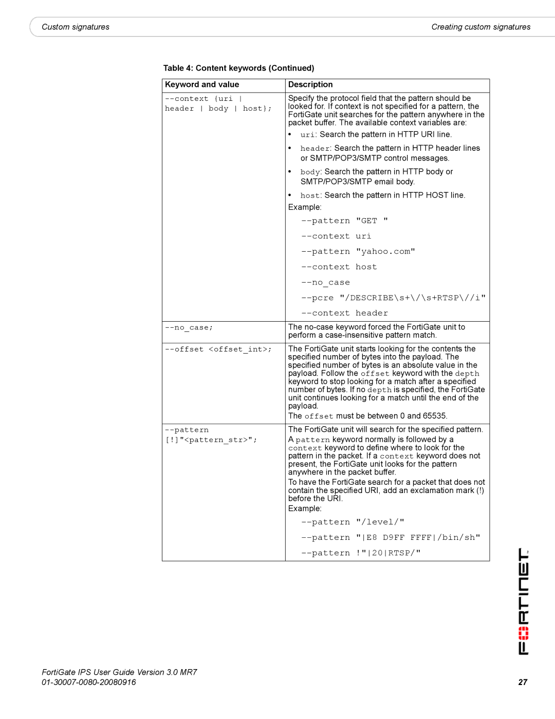 Fortinet IPS manual Pattern GET, Context uri, Pattern yahoo.com, Context host, Nocase, Pcre /DESCRIBE\s+\/\s+RTSP\//i 