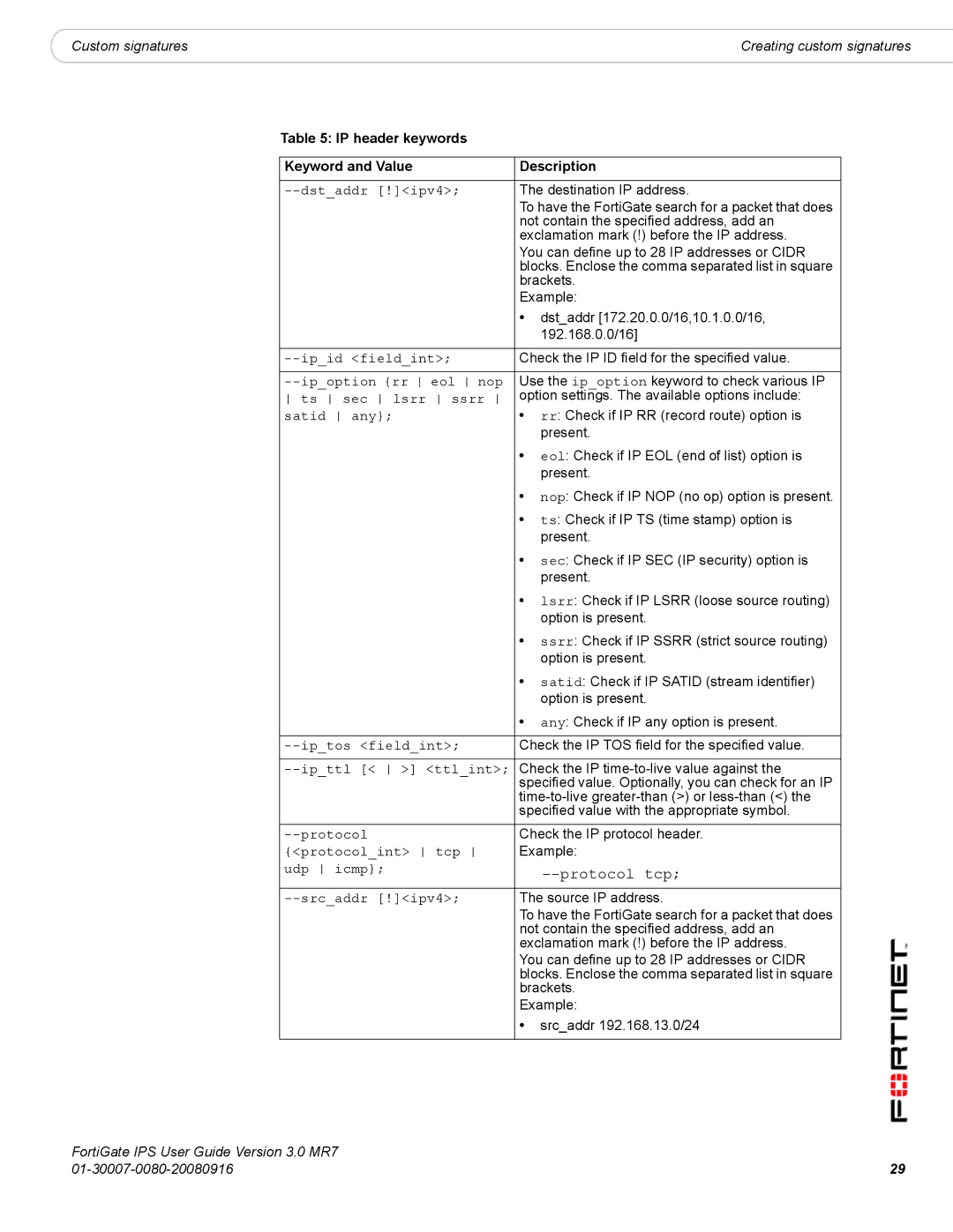 Fortinet IPS manual Protocol tcp, IP header keywords Keyword and Value Description 