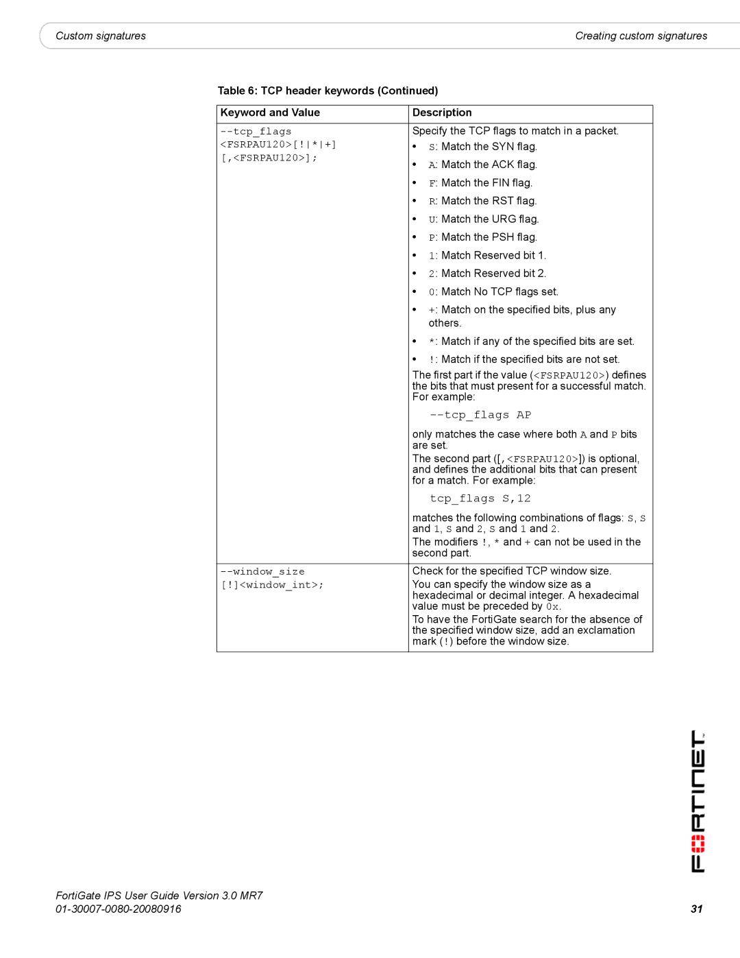 Fortinet IPS manual Tcpflags AP, Tcpflags S,12 