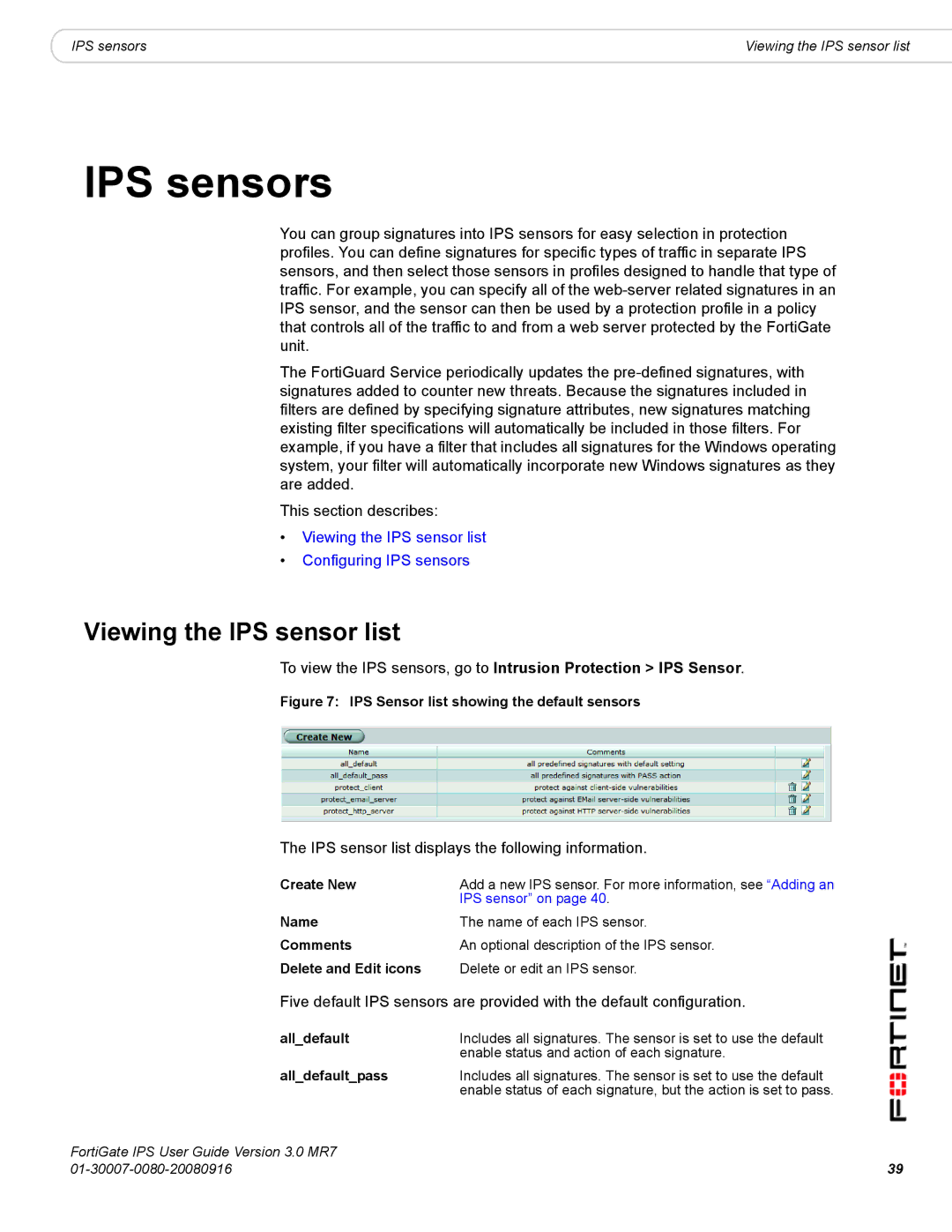 Fortinet manual IPS sensors, Viewing the IPS sensor list, IPS sensor list displays the following information, Alldefault 