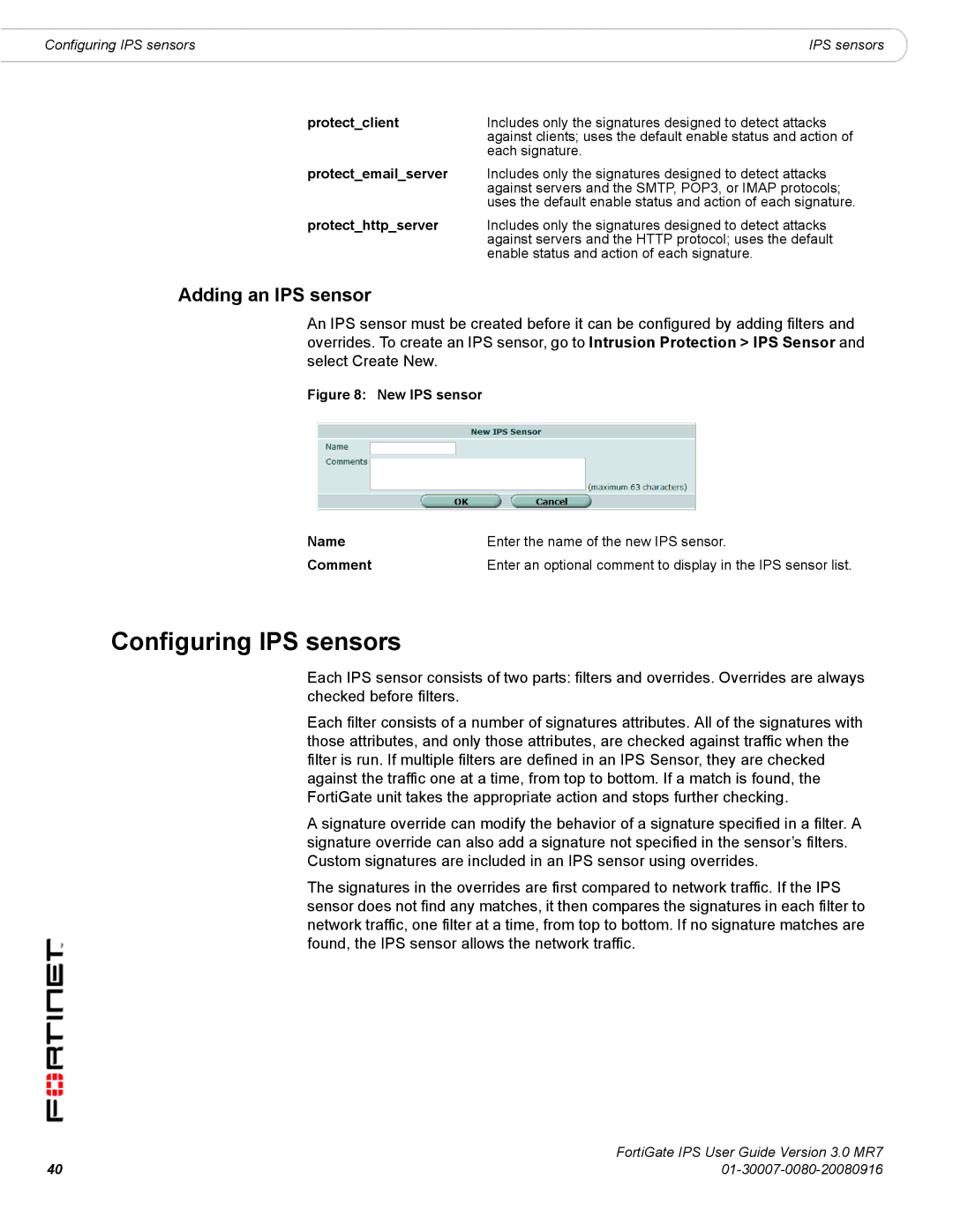 Fortinet manual Configuring IPS sensors, Adding an IPS sensor, Protectclient, Protectemailserver, Protecthttpserver 