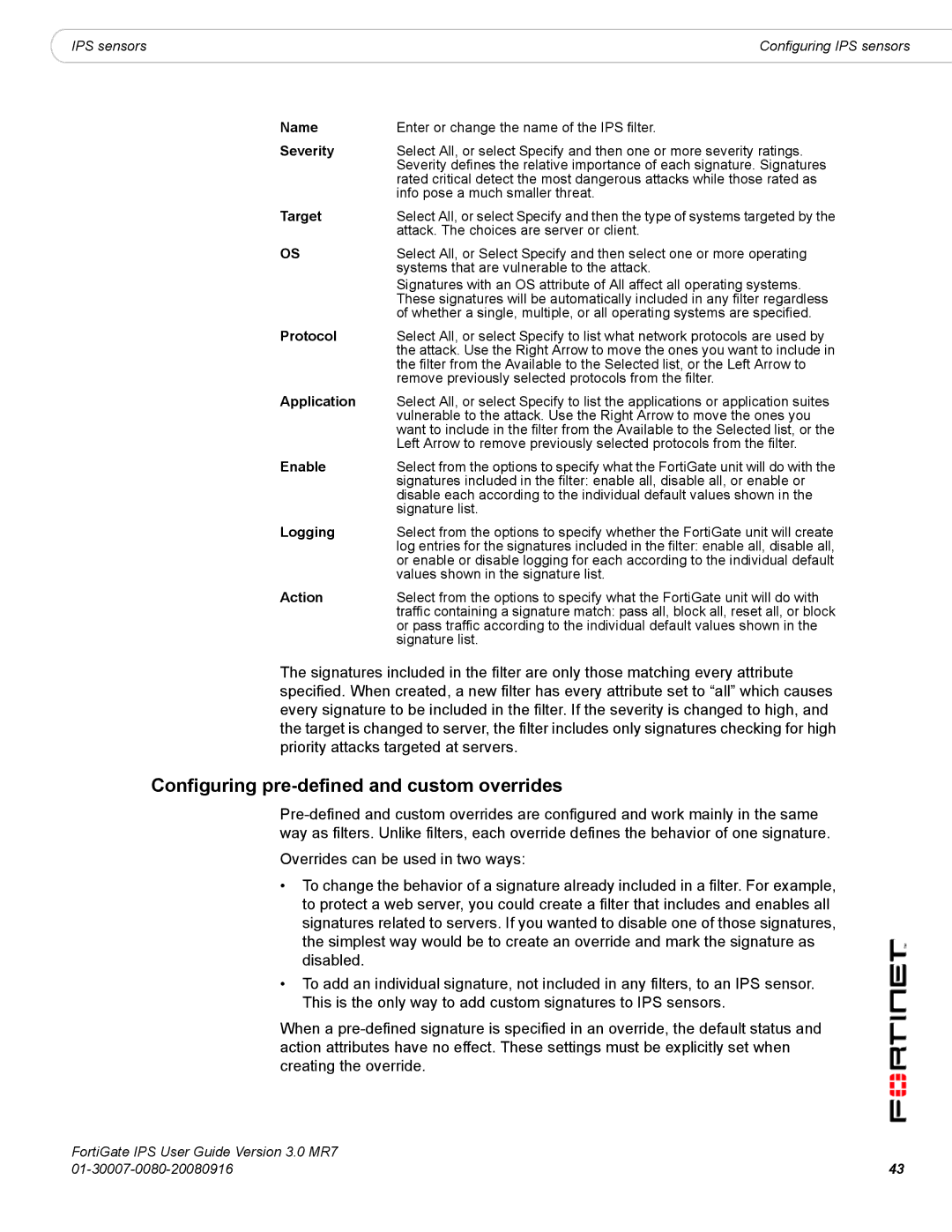 Fortinet IPS manual Configuring pre-defined and custom overrides, Application 