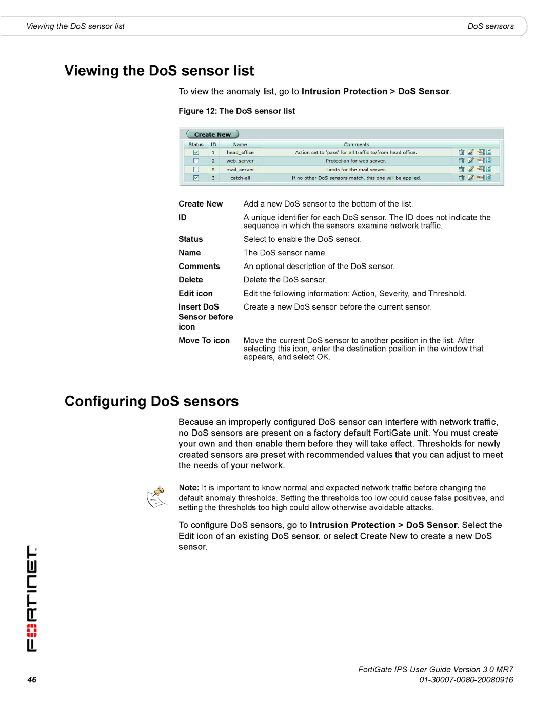 Fortinet IPS Viewing the DoS sensor list, Configuring DoS sensors, Sequence in which the sensors examine network traffic 