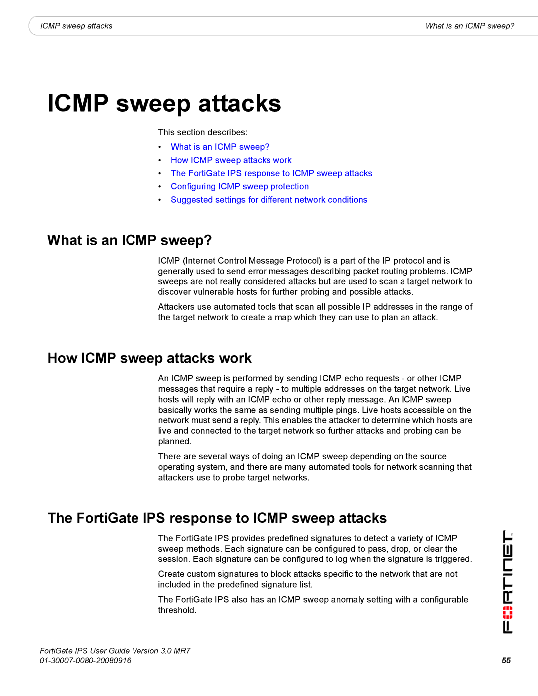 Fortinet manual What is an Icmp sweep?, How Icmp sweep attacks work, FortiGate IPS response to Icmp sweep attacks 