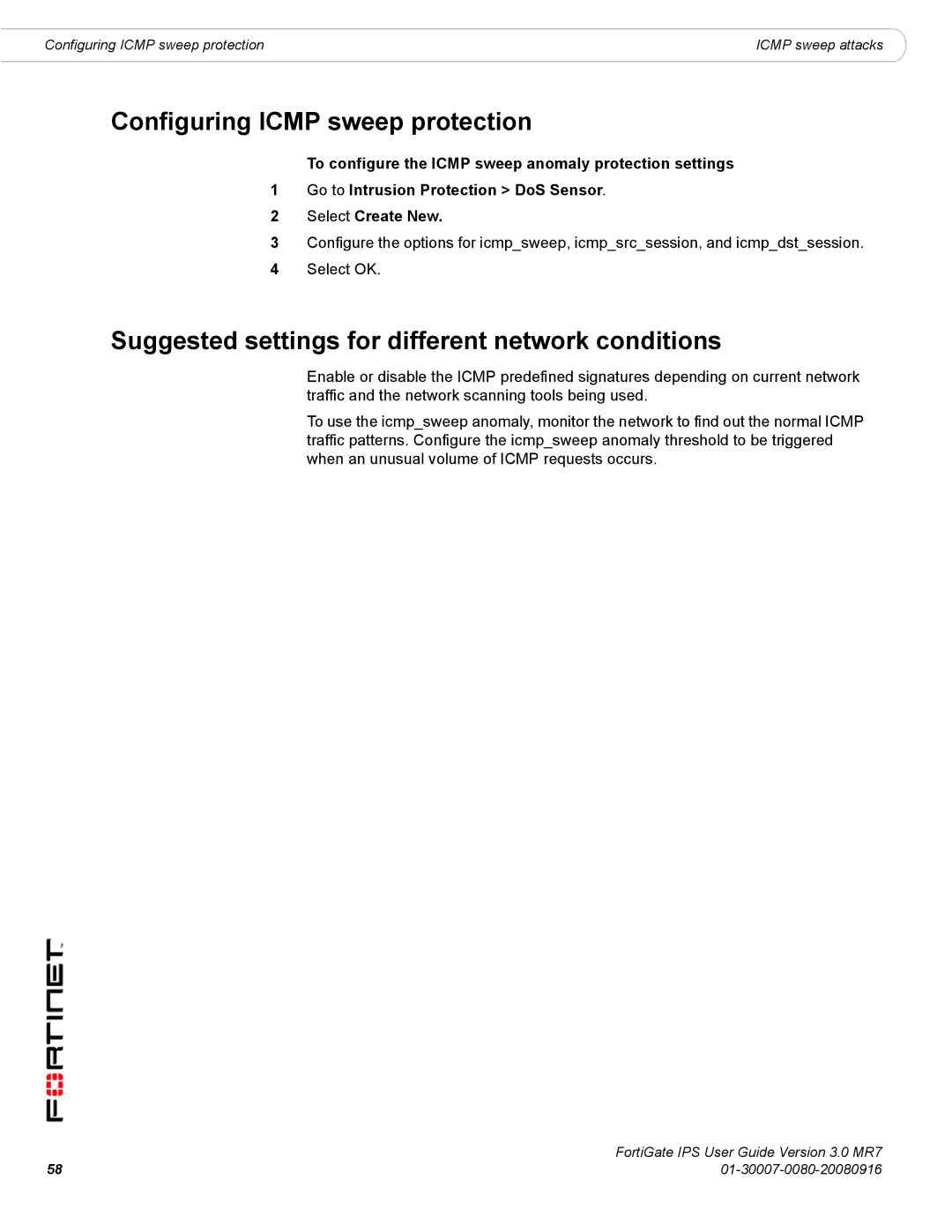 Fortinet IPS manual Configuring Icmp sweep protection, Suggested settings for different network conditions 