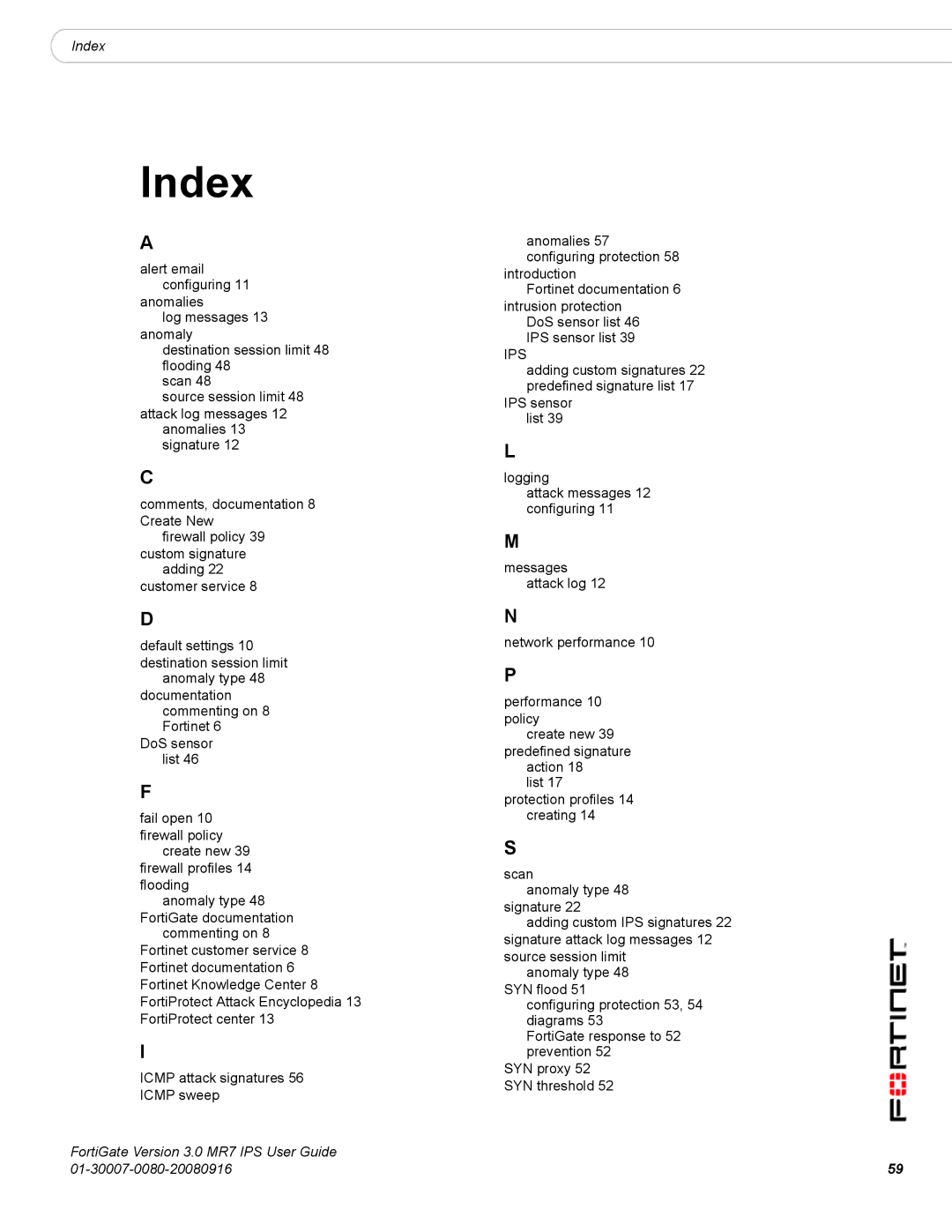 Fortinet manual Index, FortiGate Version 3.0 MR7 IPS User Guide 