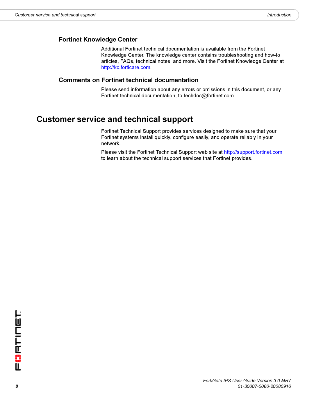 Fortinet IPS manual Customer service and technical support, Fortinet Knowledge Center 