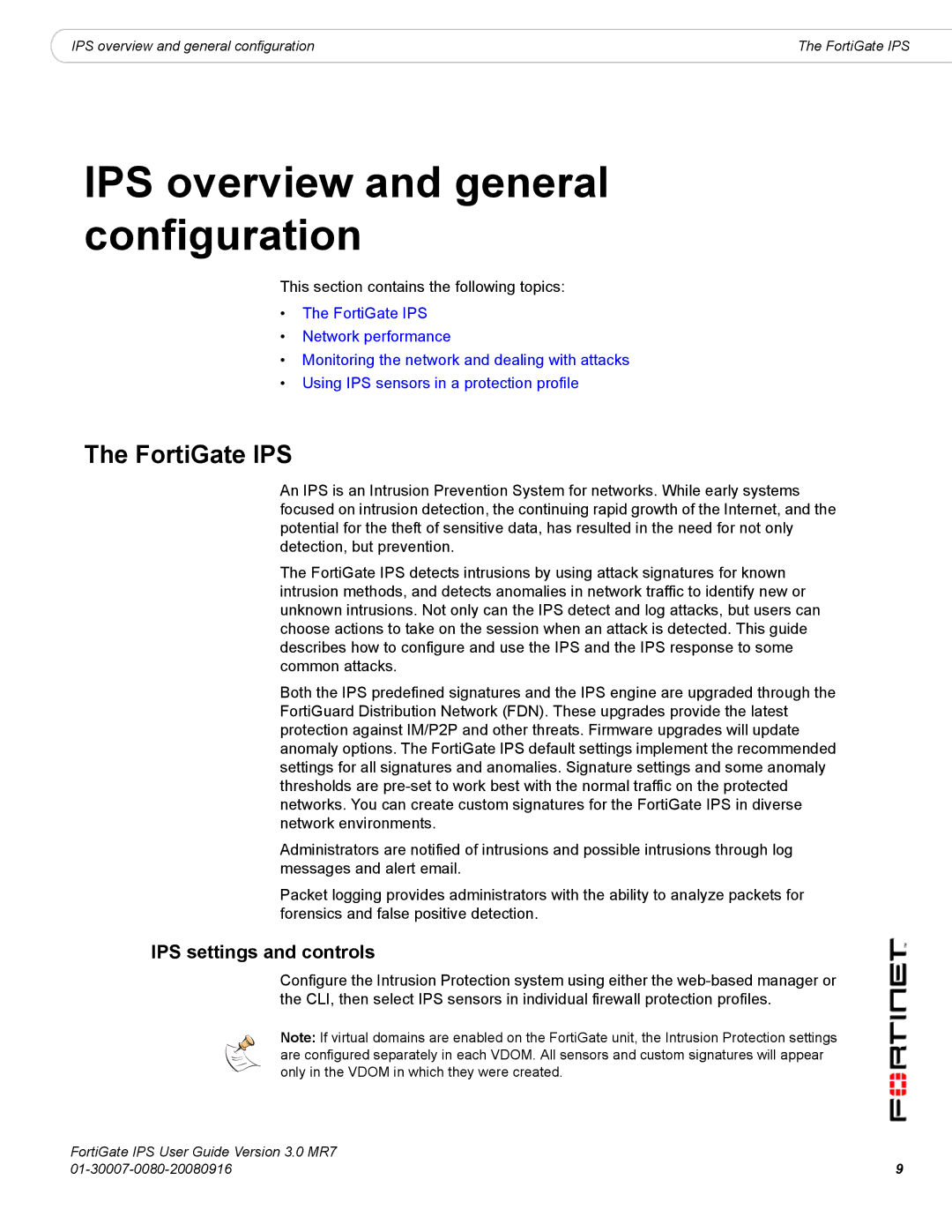 Fortinet IPS overview and general configuration, IPS settings and controls, This section contains the following topics 