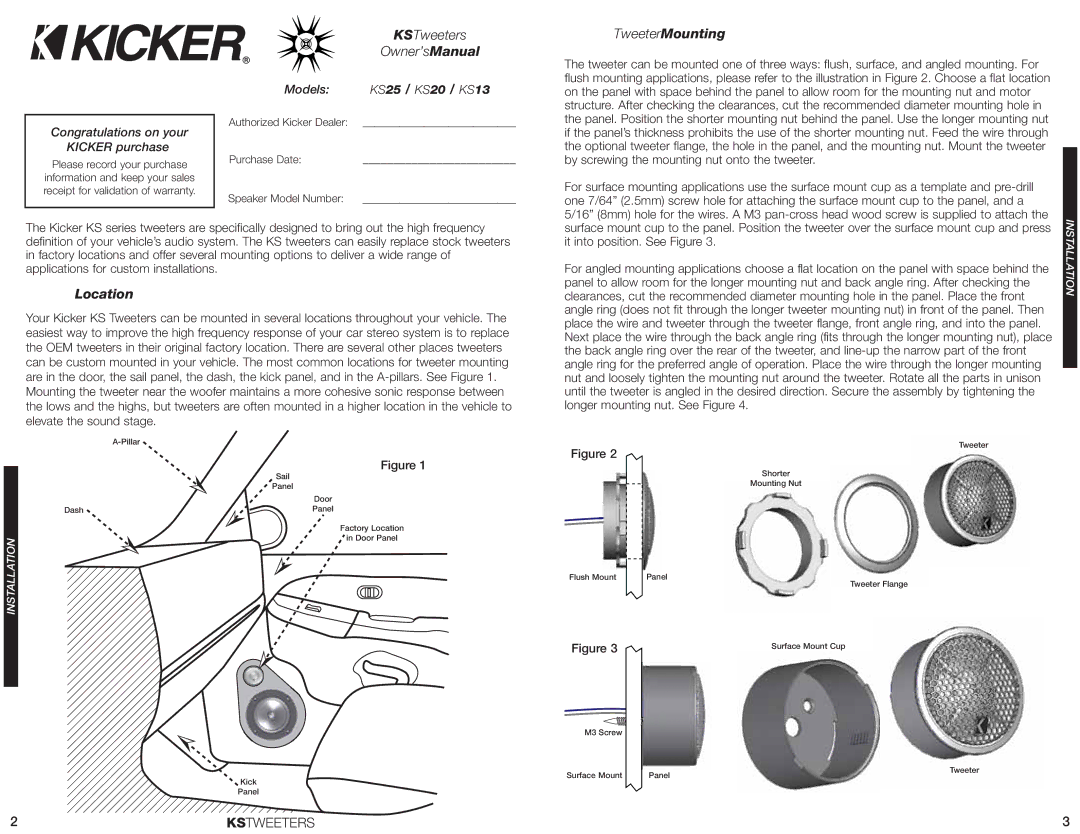 Fortinet KS25, KS20, KS13 manual TweeterMounting, Location, Congratulations on your Kicker purchase, Models 