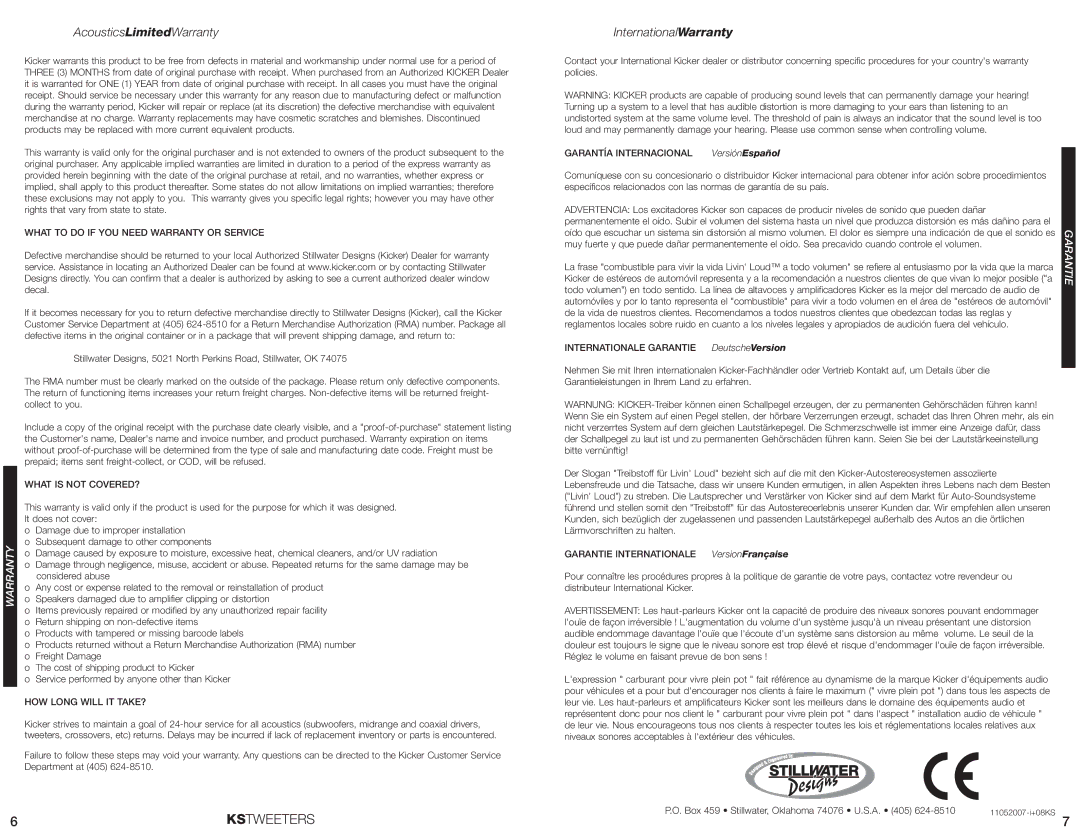 Fortinet KS13, KS20, KS25 manual AcousticsLimitedWarranty, InternationalWarranty 