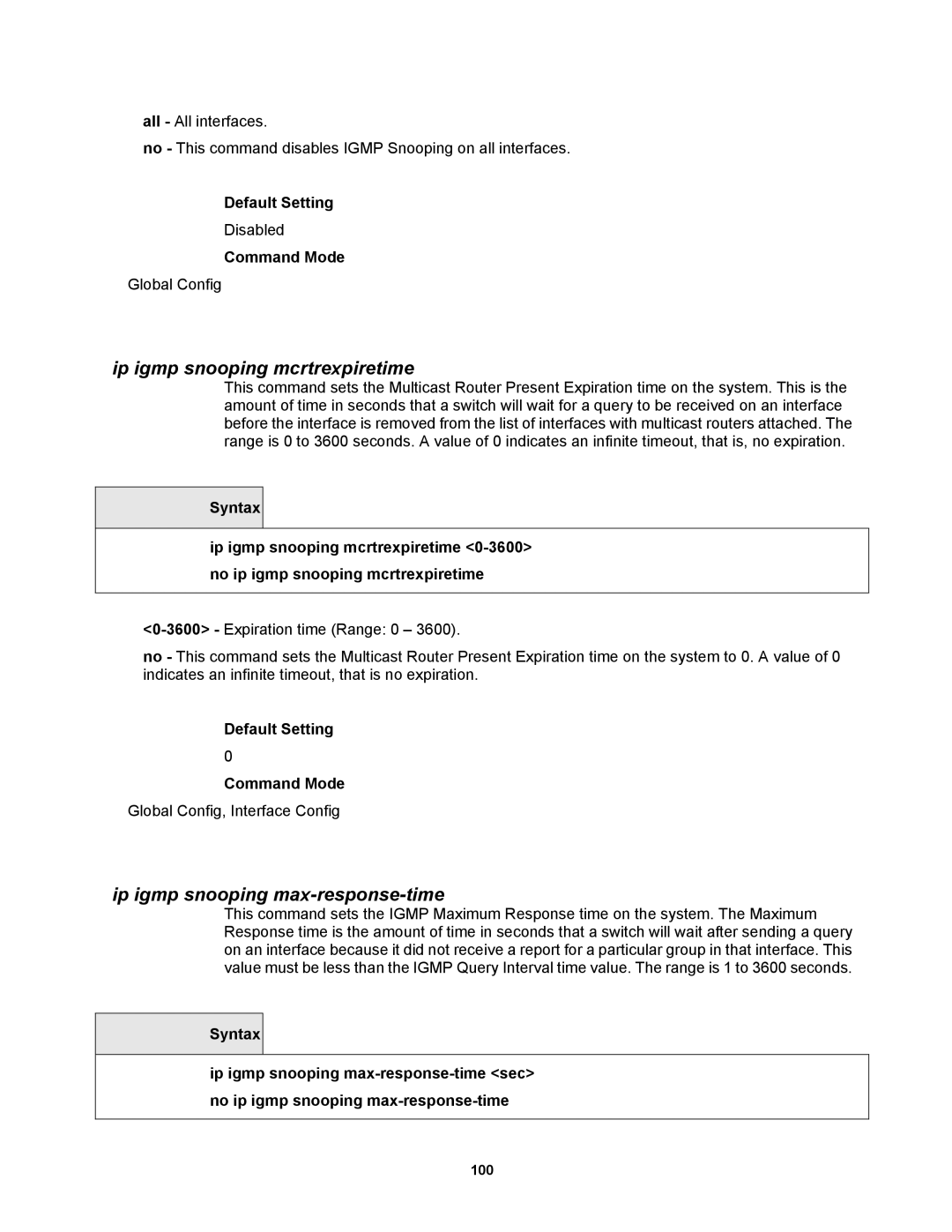 Fortinet MR1 manual Ip igmp snooping mcrtrexpiretime, Ip igmp snooping max-response-time 