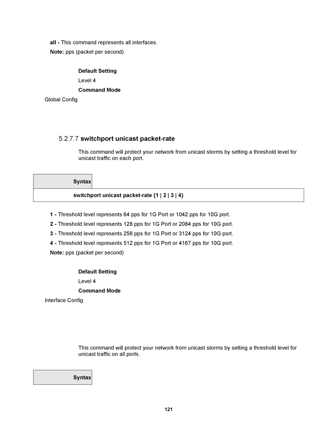 Fortinet MR1 manual Syntax Switchport unicast packet-rate 1 2 3 