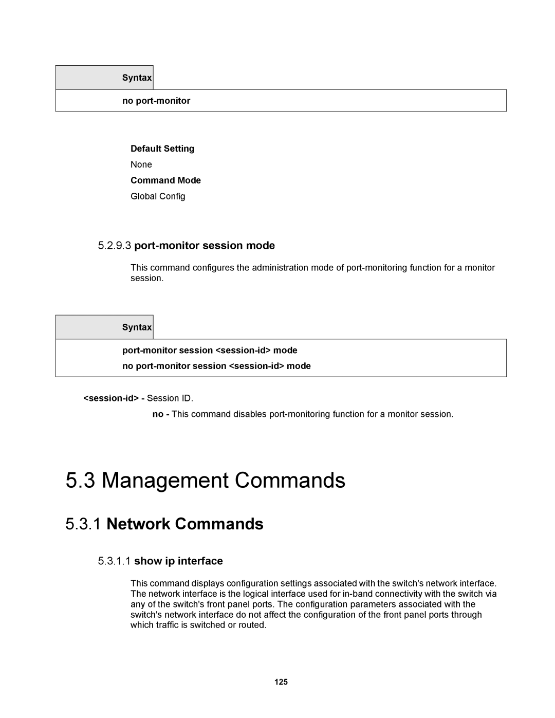 Fortinet MR1 manual Network Commands, Port-monitor session mode, Show ip interface, Syntax No port-monitor Default Setting 