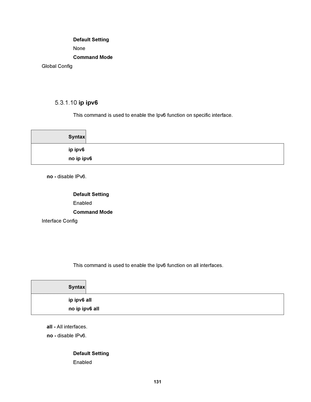 Fortinet MR1 manual Syntax Ip ipv6 no ip ipv6, Syntax Ip ipv6 all no ip ipv6 all 