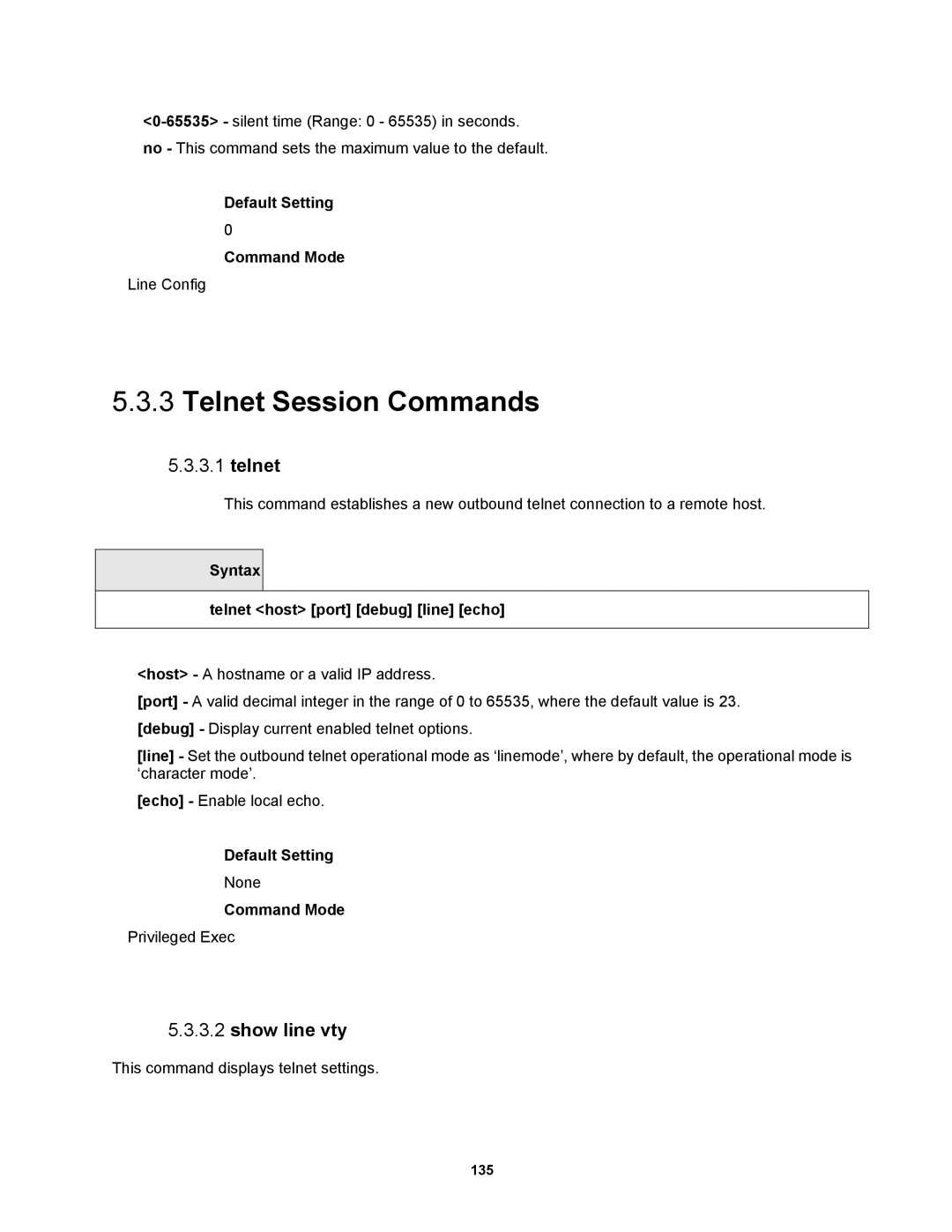 Fortinet MR1 manual Telnet Session Commands, Show line vty, Syntax Telnet host port debug line echo 