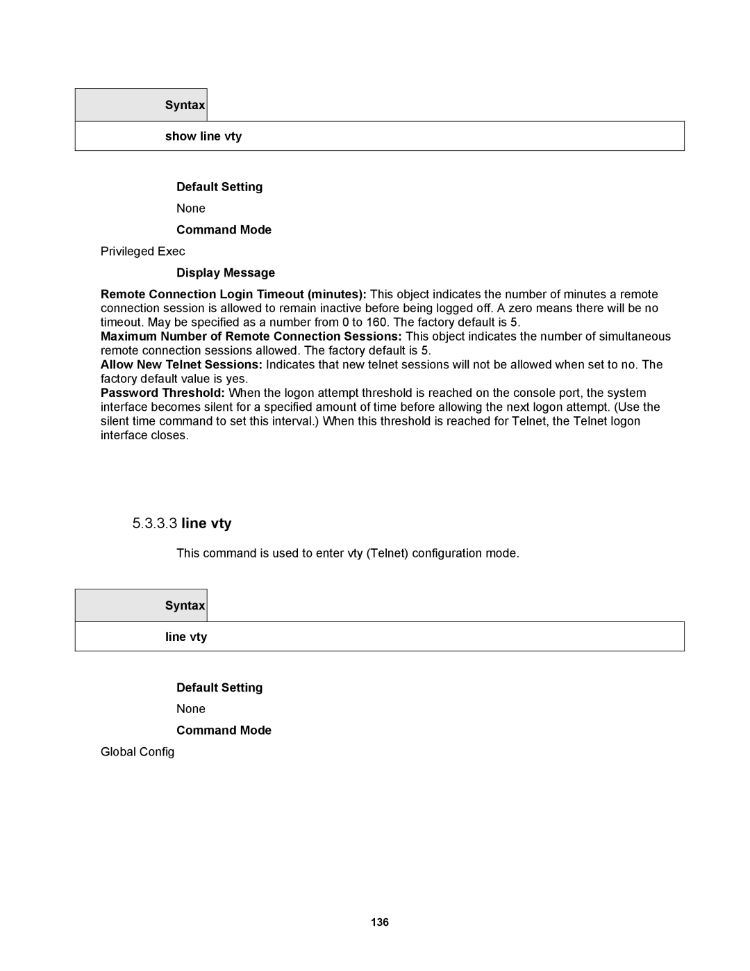 Fortinet MR1 manual Line vty, Syntax Show line vty Default Setting, Syntax line vty Default Setting 