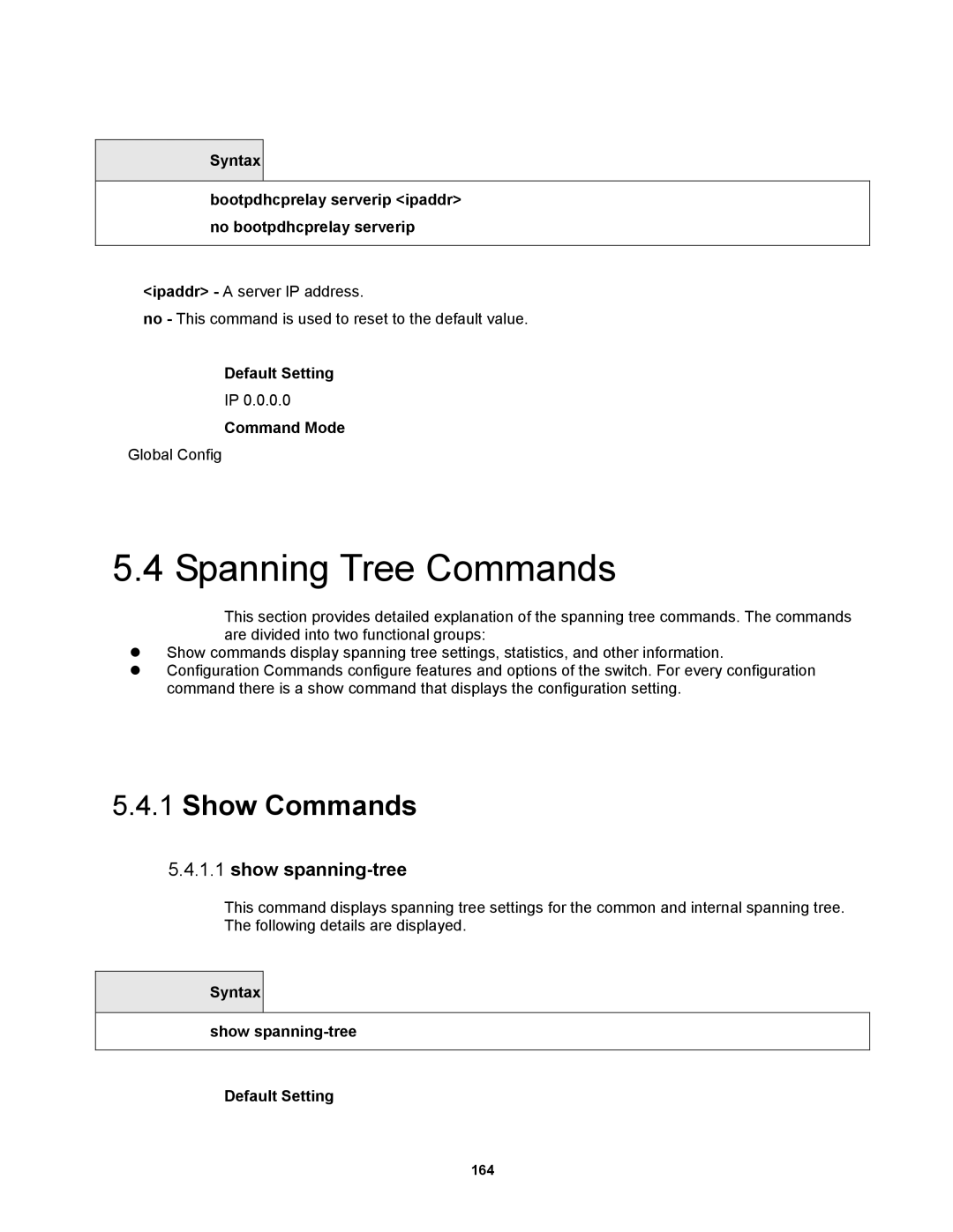 Fortinet MR1 manual Show Commands, Syntax Show spanning-tree Default Setting 