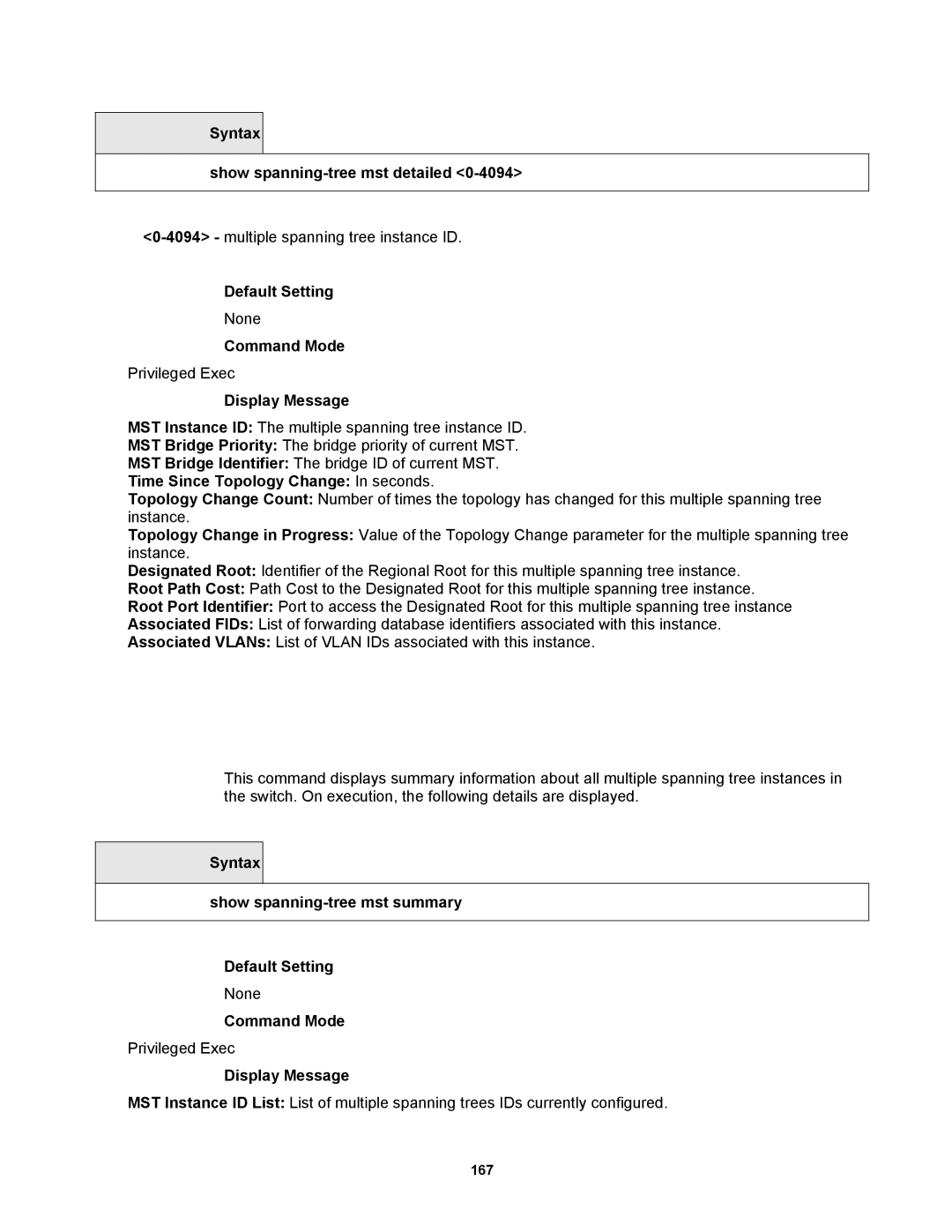 Fortinet MR1 manual Syntax Show spanning-tree mst detailed, Syntax Show spanning-tree mst summary Default Setting 