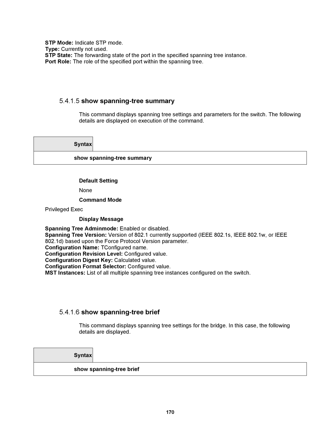 Fortinet MR1 manual Show spanning-tree brief, Syntax Show spanning-tree summary Default Setting 