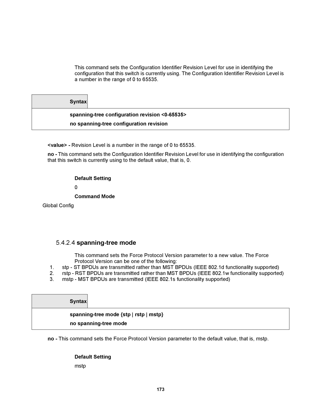 Fortinet MR1 manual Spanning-tree mode, Default Setting Command Mode 