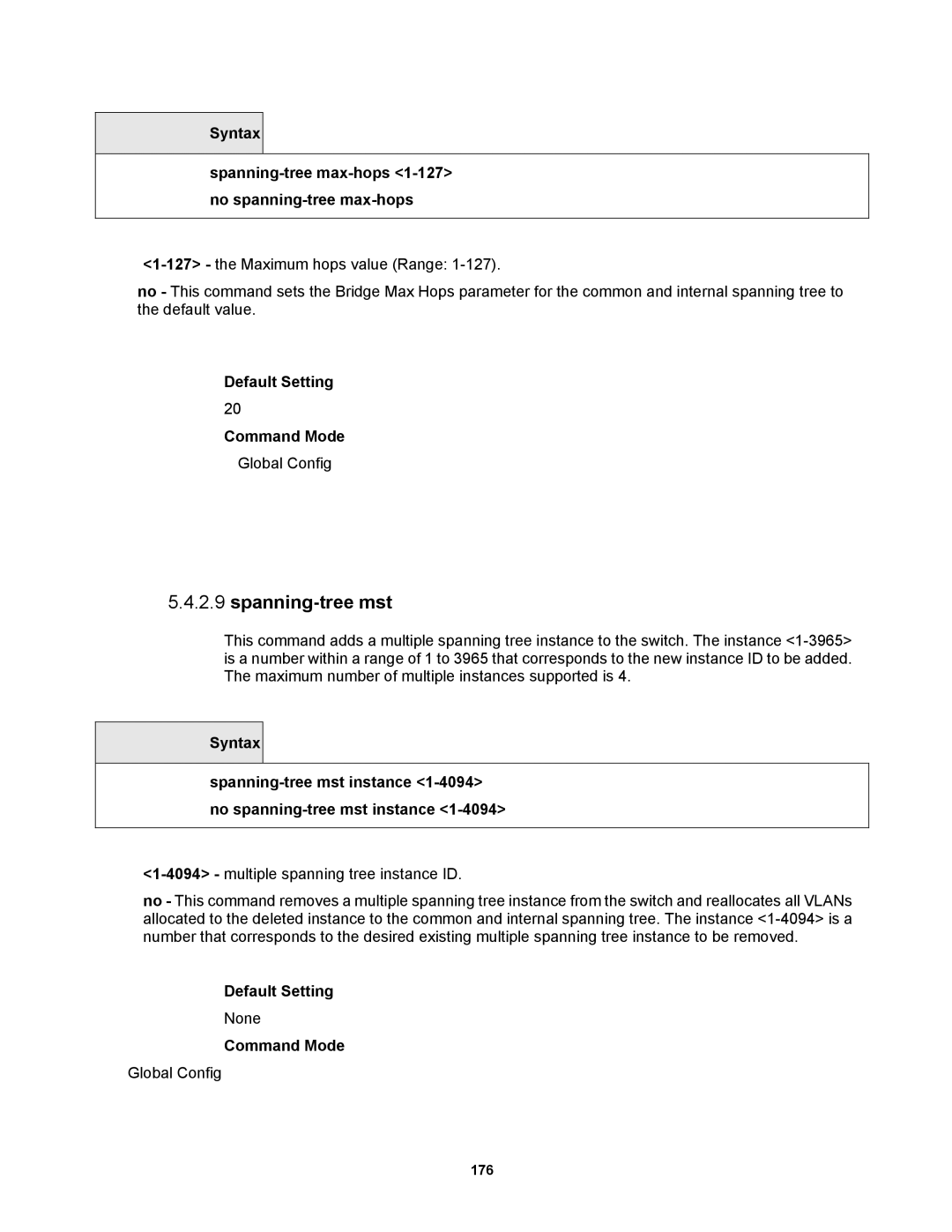 Fortinet MR1 manual Spanning-tree mst, Default Setting 