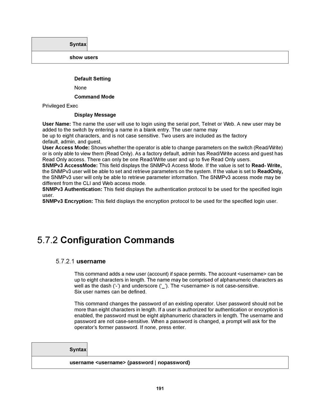 Fortinet MR1 manual Syntax show users Default Setting, Syntax Username username password nopassword 