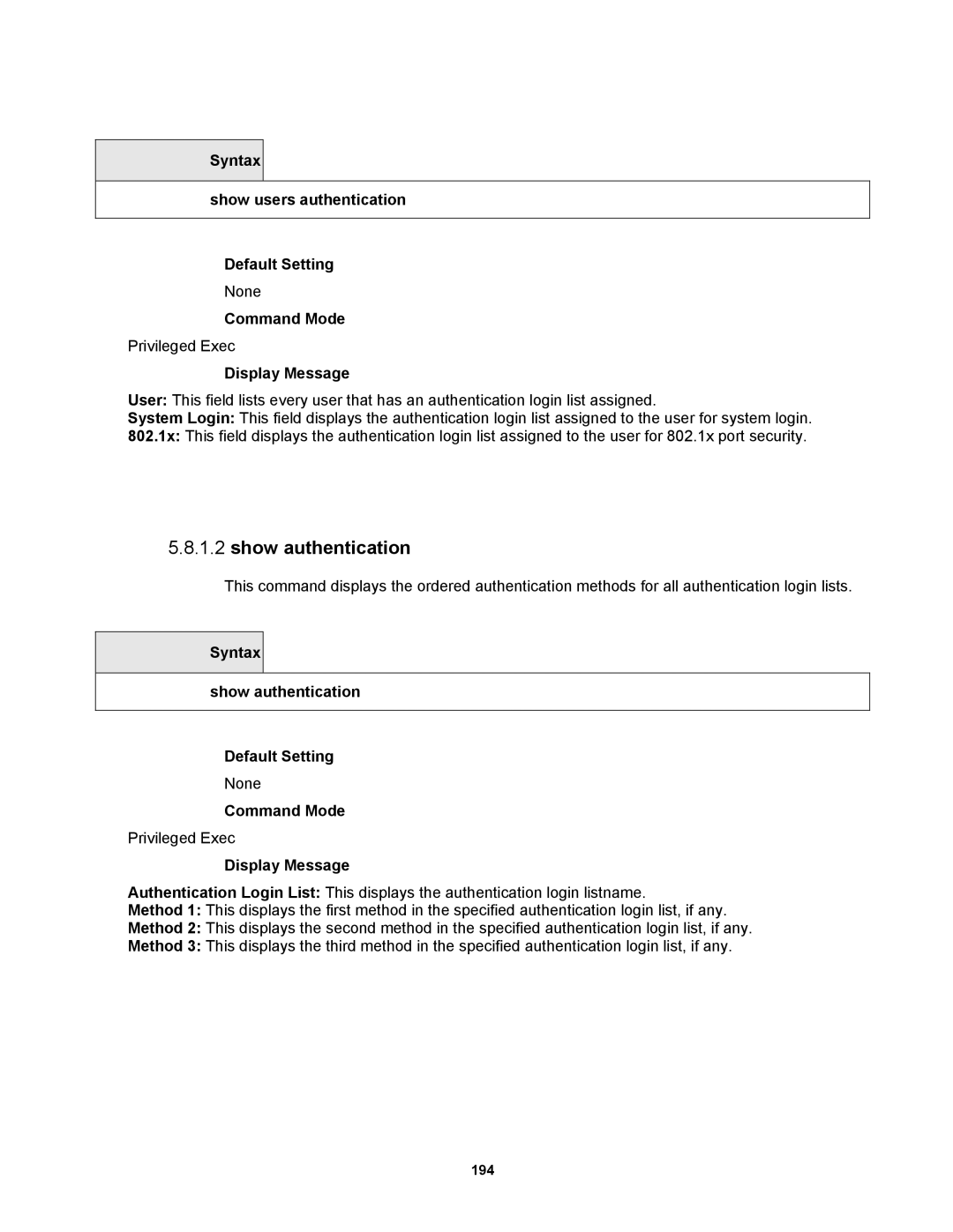 Fortinet MR1 manual Show authentication, Syntax Show users authentication Default Setting 