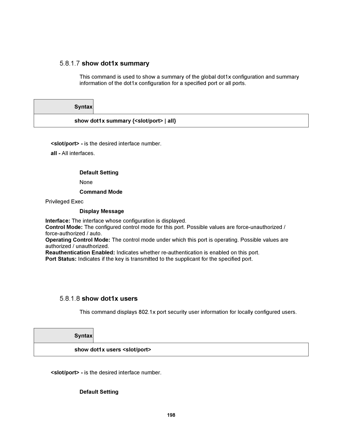 Fortinet MR1 manual Syntax Show dot1x summary slot/port all, Syntax Show dot1x users slot/port 