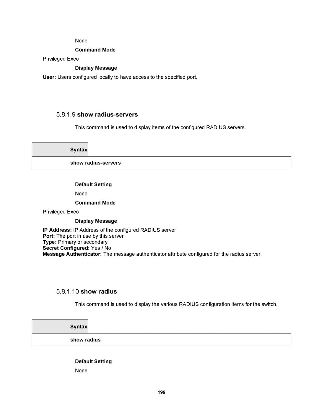 Fortinet MR1 manual Syntax Show radius-servers Default Setting, Secret Configured Yes / No 