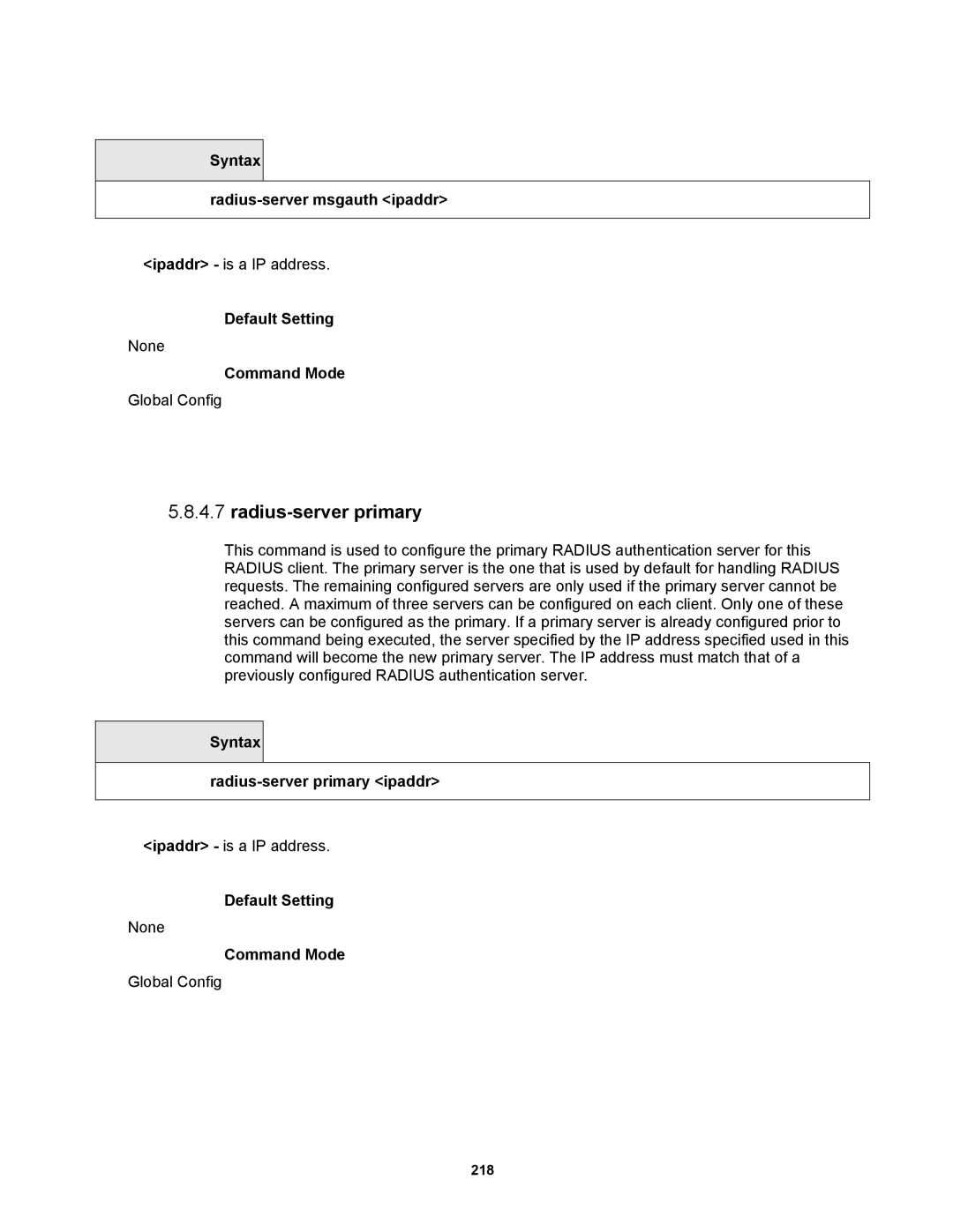 Fortinet MR1 manual Syntax Radius-server msgauth ipaddr, Syntax Radius-server primary ipaddr 