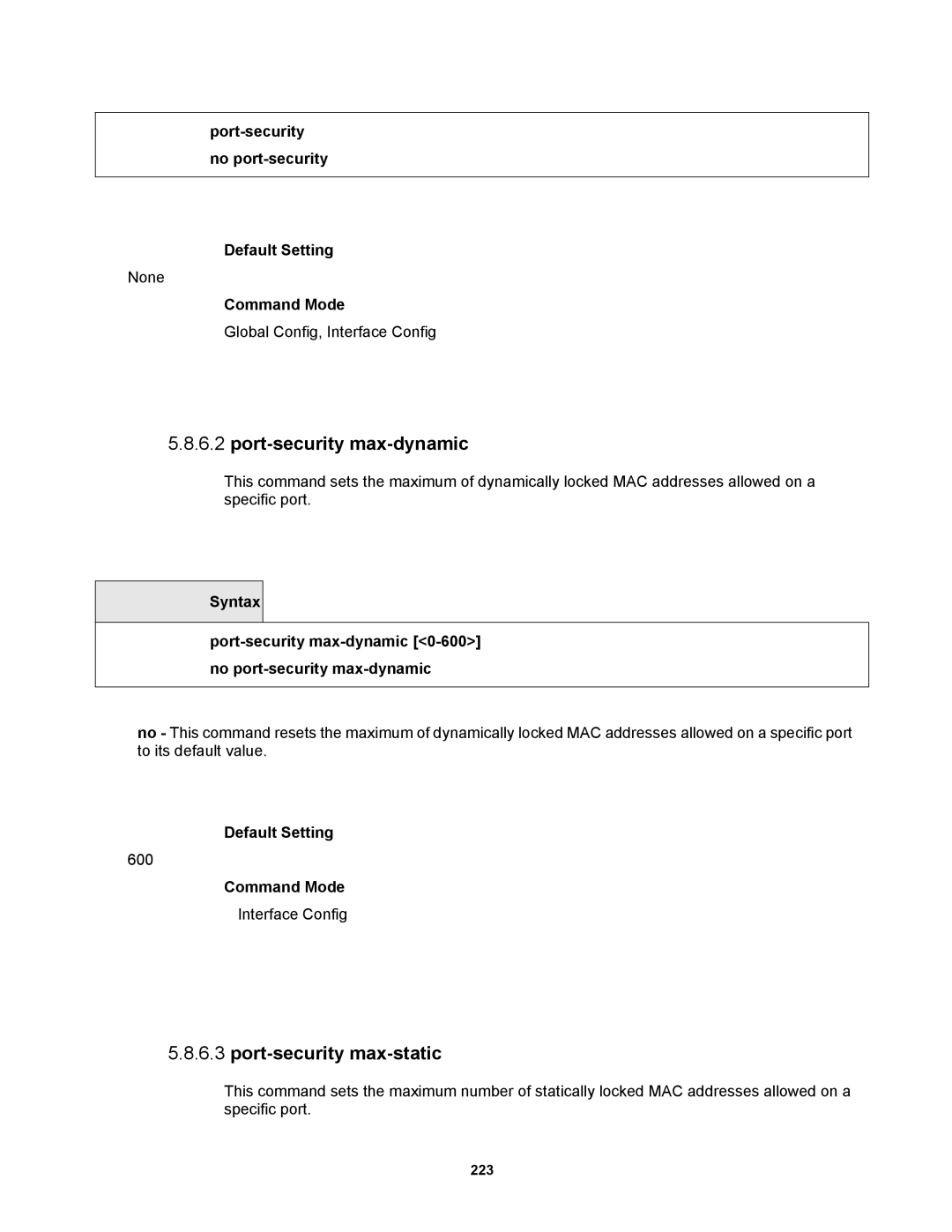 Fortinet MR1 manual Port-security max-dynamic, Port-security max-static, Port-security no port-security Default Setting 