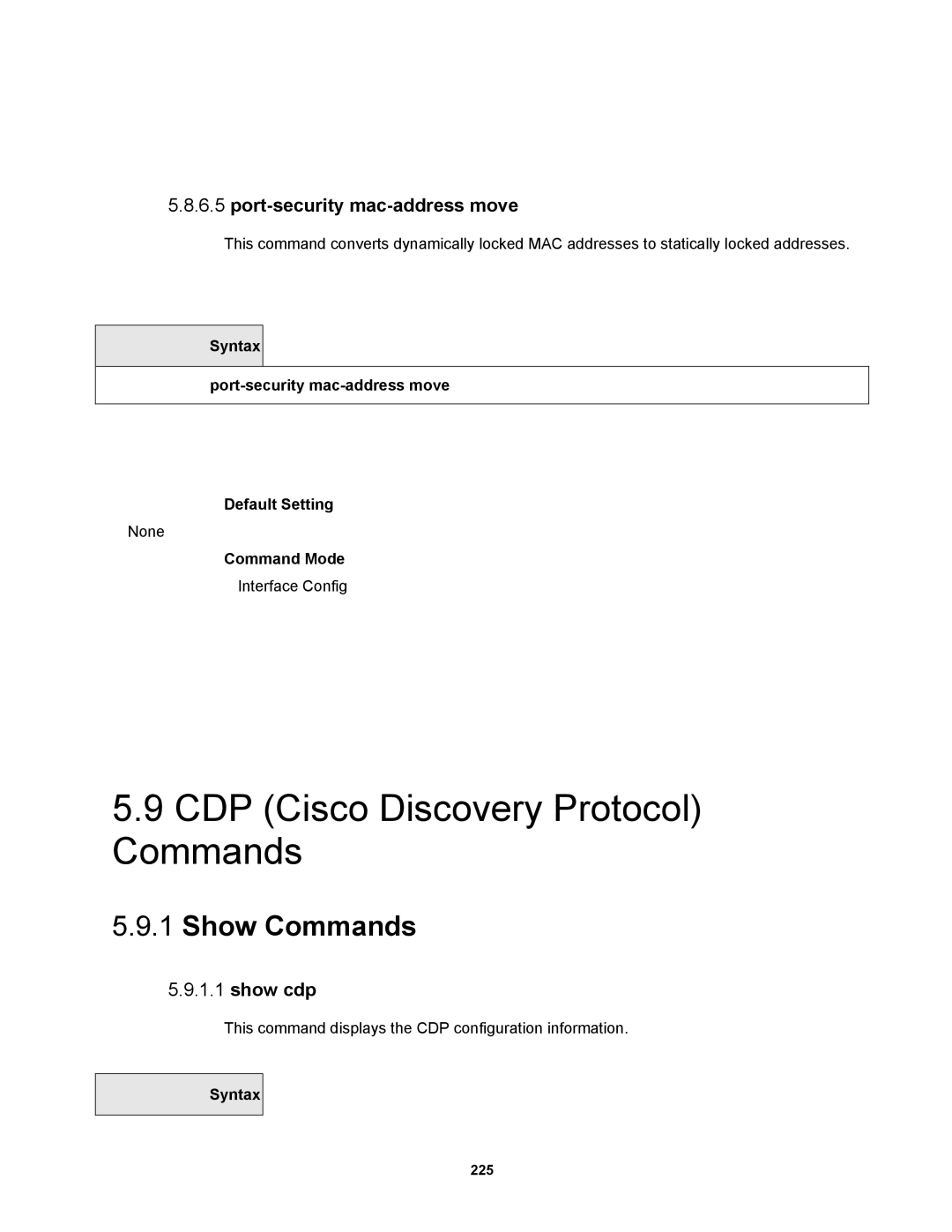 Fortinet MR1 manual Show cdp, Syntax Port-security mac-address move Default Setting 