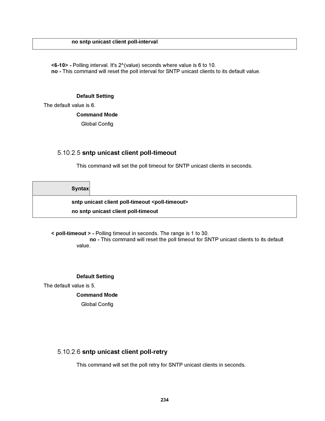 Fortinet MR1 manual Sntp unicast client poll-timeout, Sntp unicast client poll-retry, No sntp unicast client poll-interval 