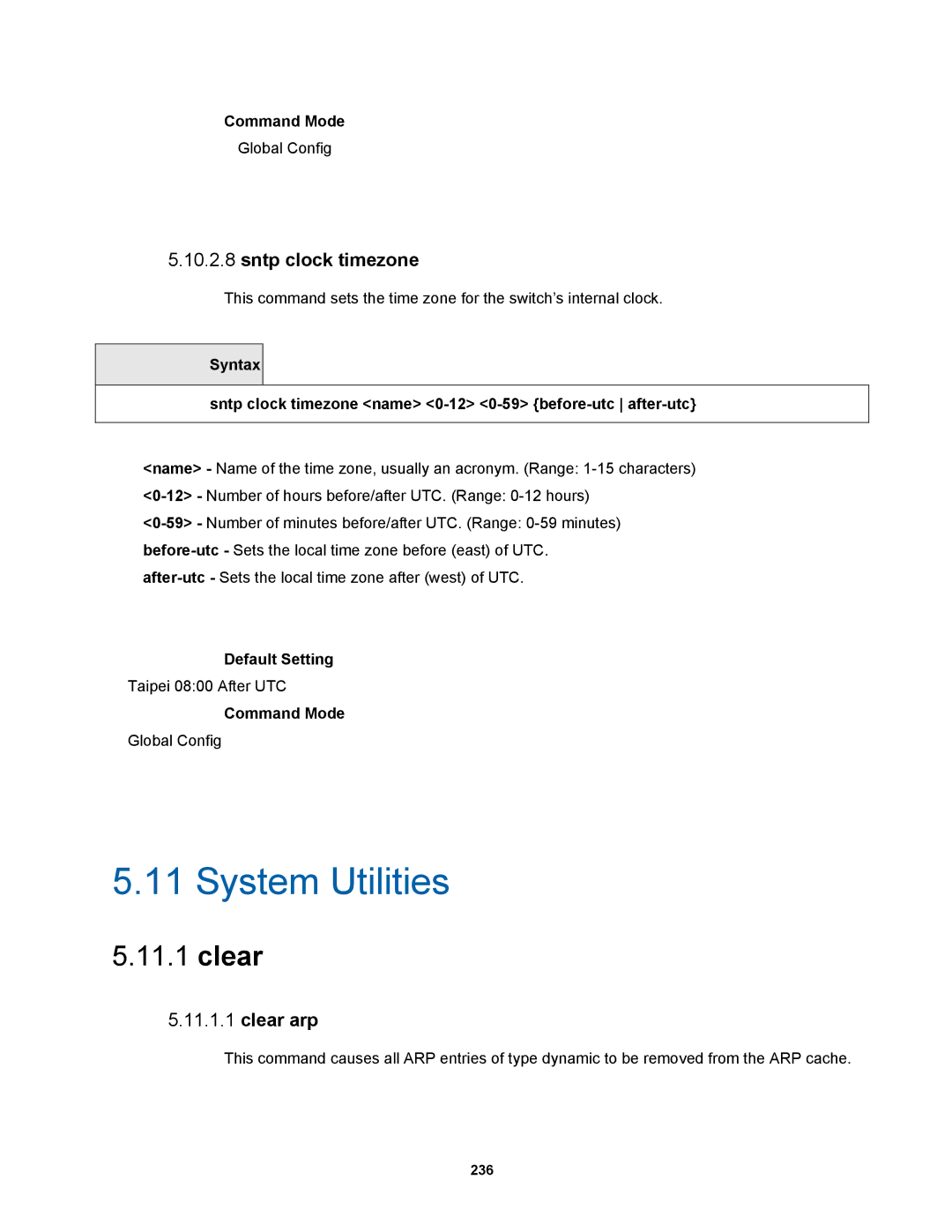 Fortinet MR1 manual Sntp clock timezone, Clear arp 